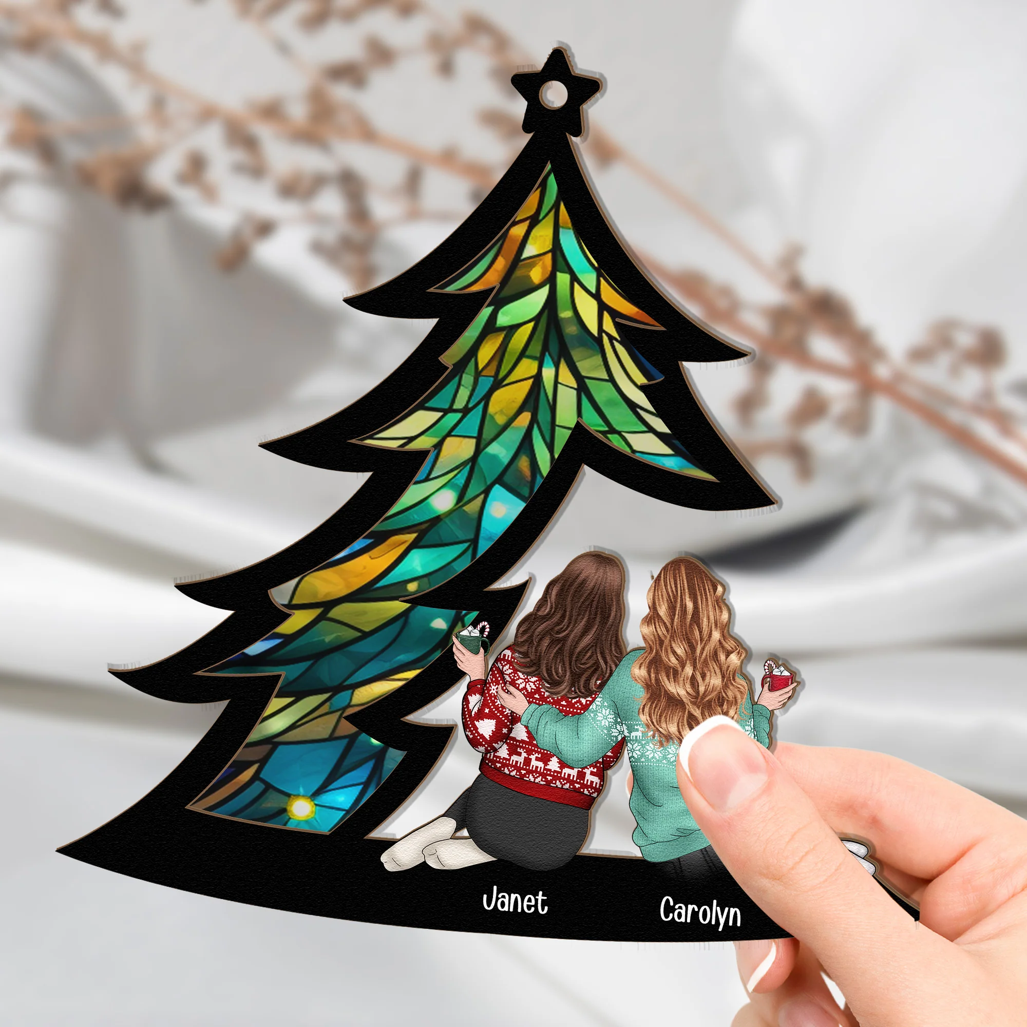 Friends Sitting Under Christmas Tree - Personalized Window Hanging Suncatcher Ornament - Image 4