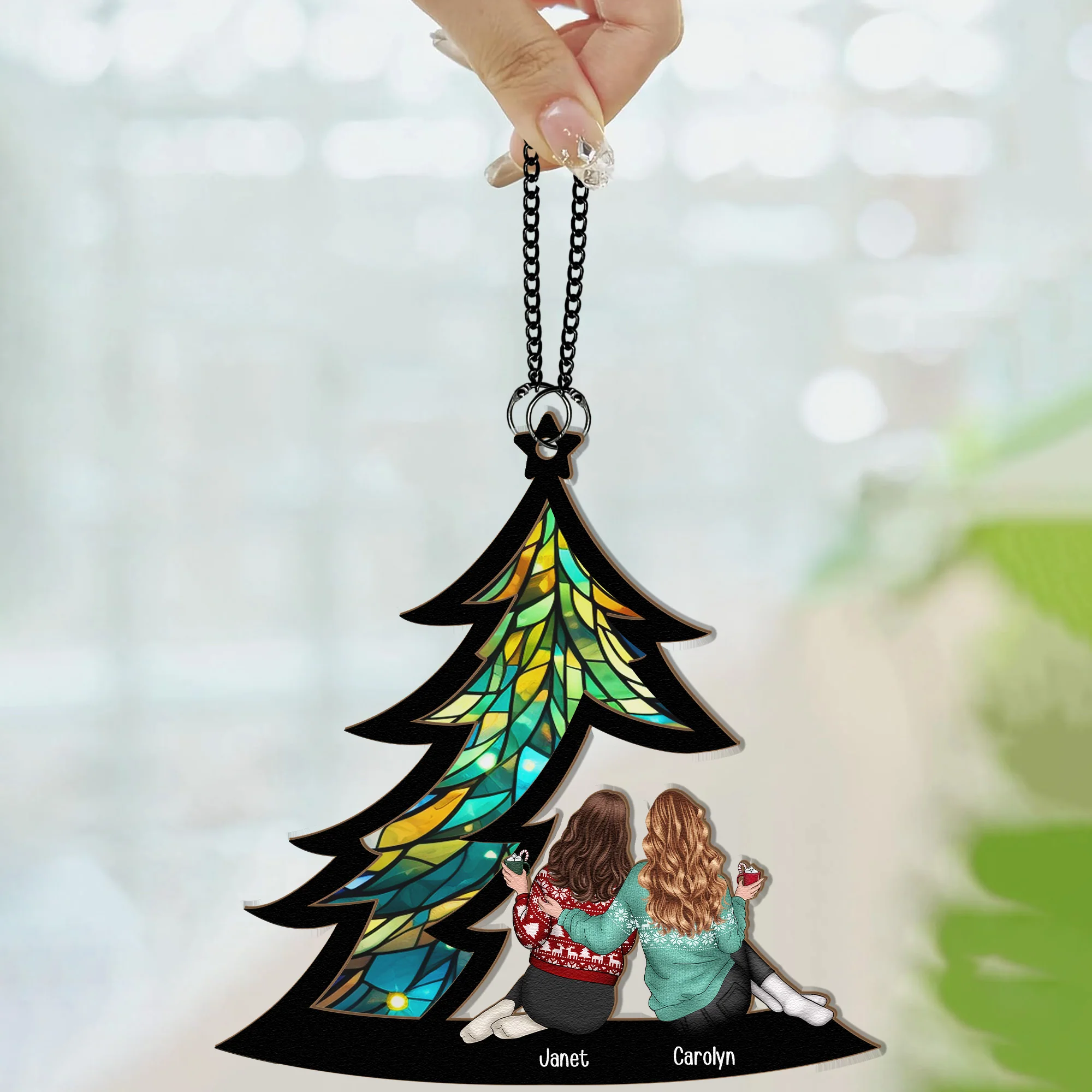 Friends Sitting Under Christmas Tree - Personalized Window Hanging Suncatcher Ornament - Image 5