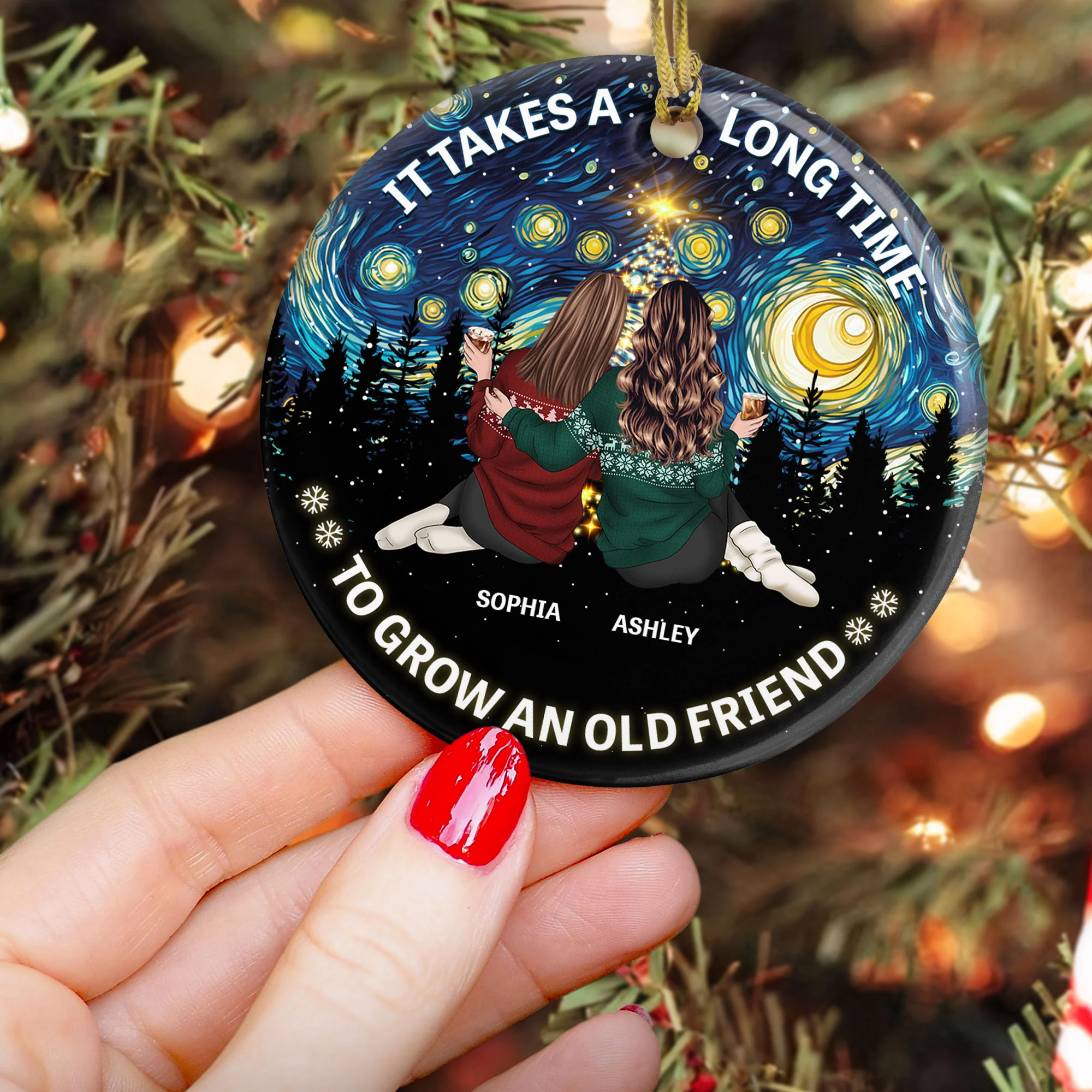 Friends Together - Starry Night - Christmas Time - Personalized Ceramic Ornament - Image 3