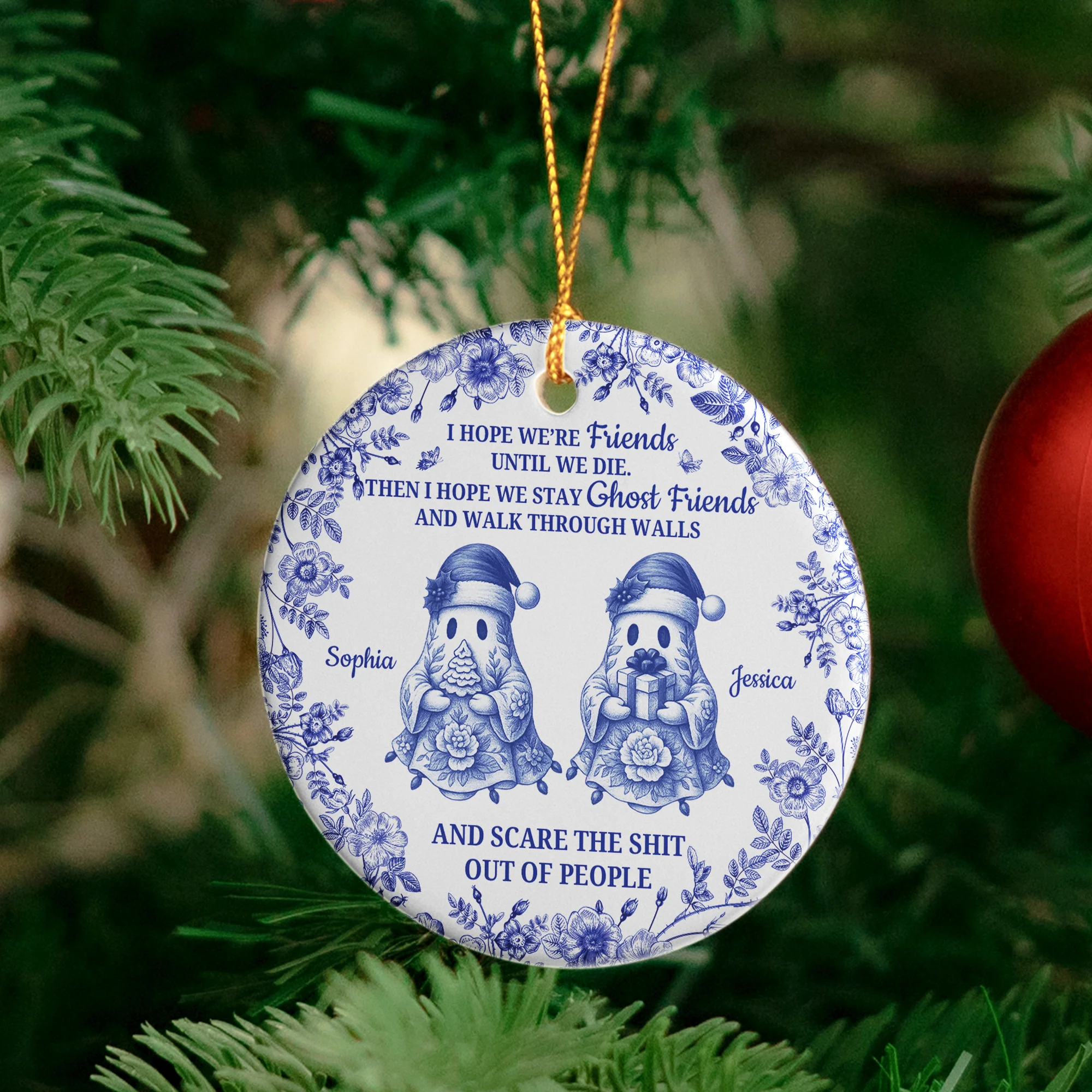 Friendship Gift Christmas Toile De Jouy Ornament - Personalized Ceramic Ornament - Image 4