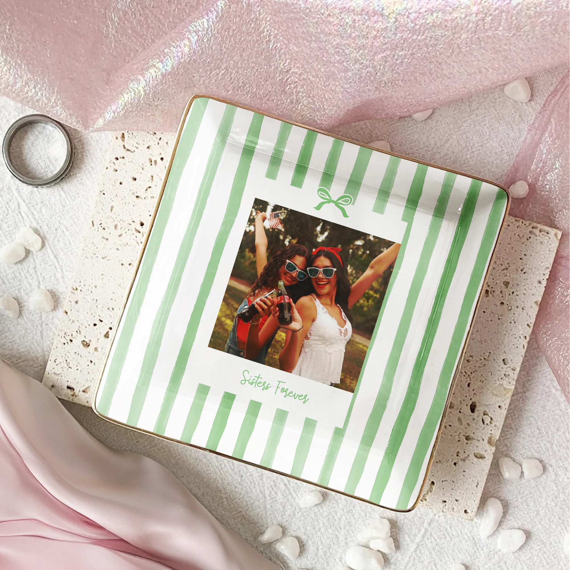 Friendship Thank You Gift - Custom Photo & Message, Ceramic Trinket Tray - Stripe With Bow - Personalized Jewelry Dish - Image 6