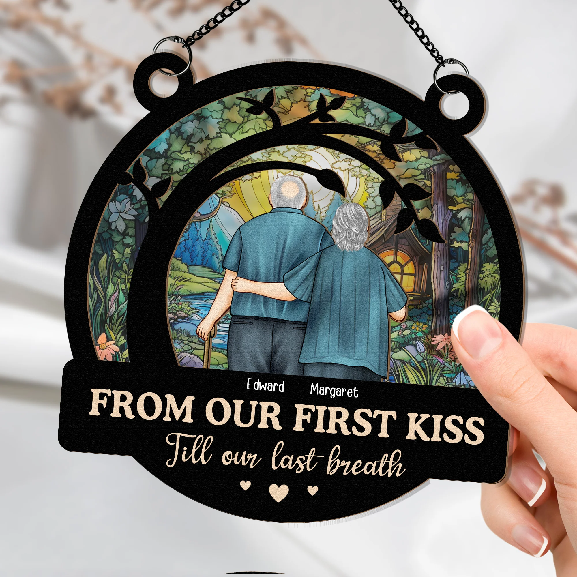 From Our First Kiss Old Couple - Personalized Window Hanging Suncatcher Ornament - Image 2