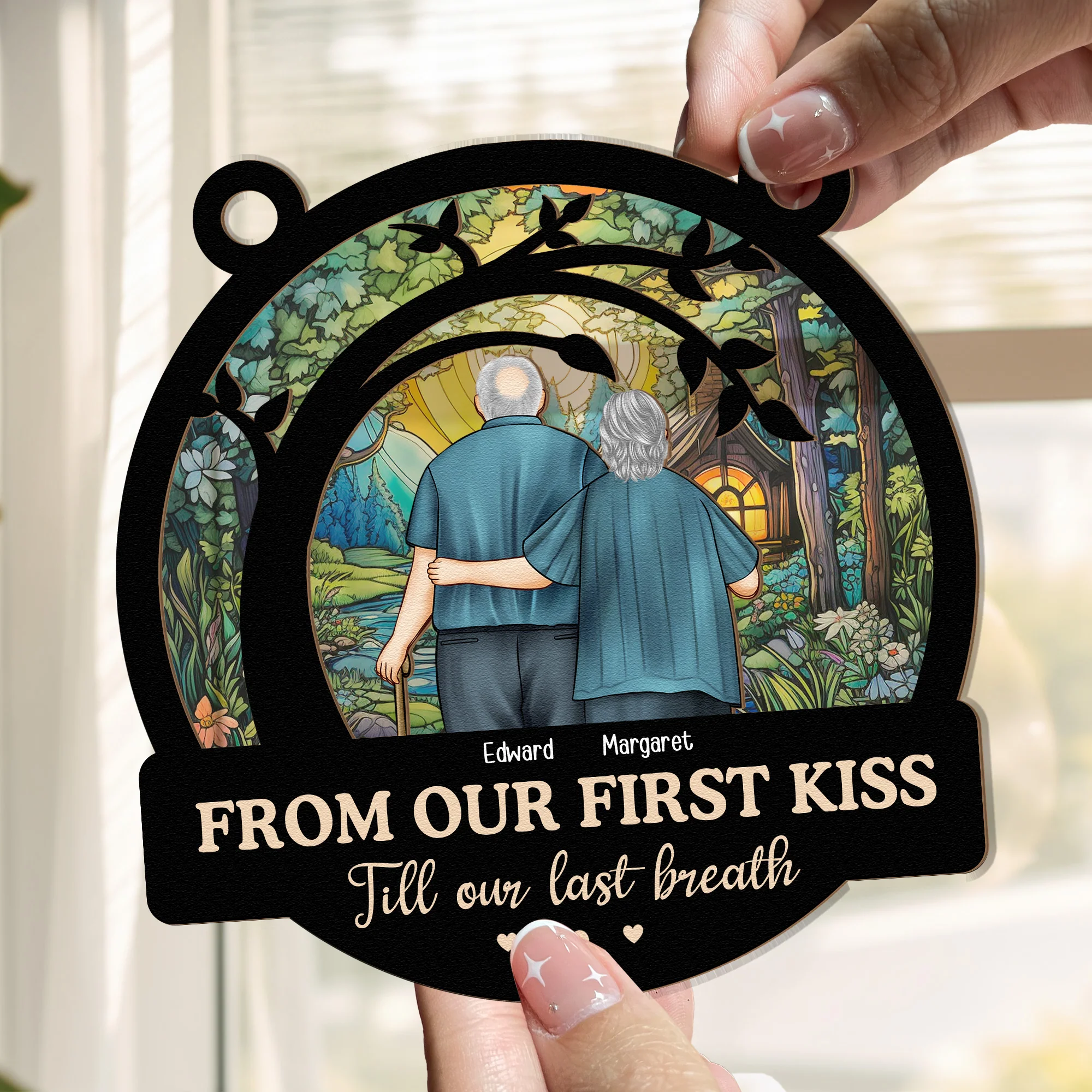 From Our First Kiss Old Couple - Personalized Window Hanging Suncatcher Ornament - Image 3