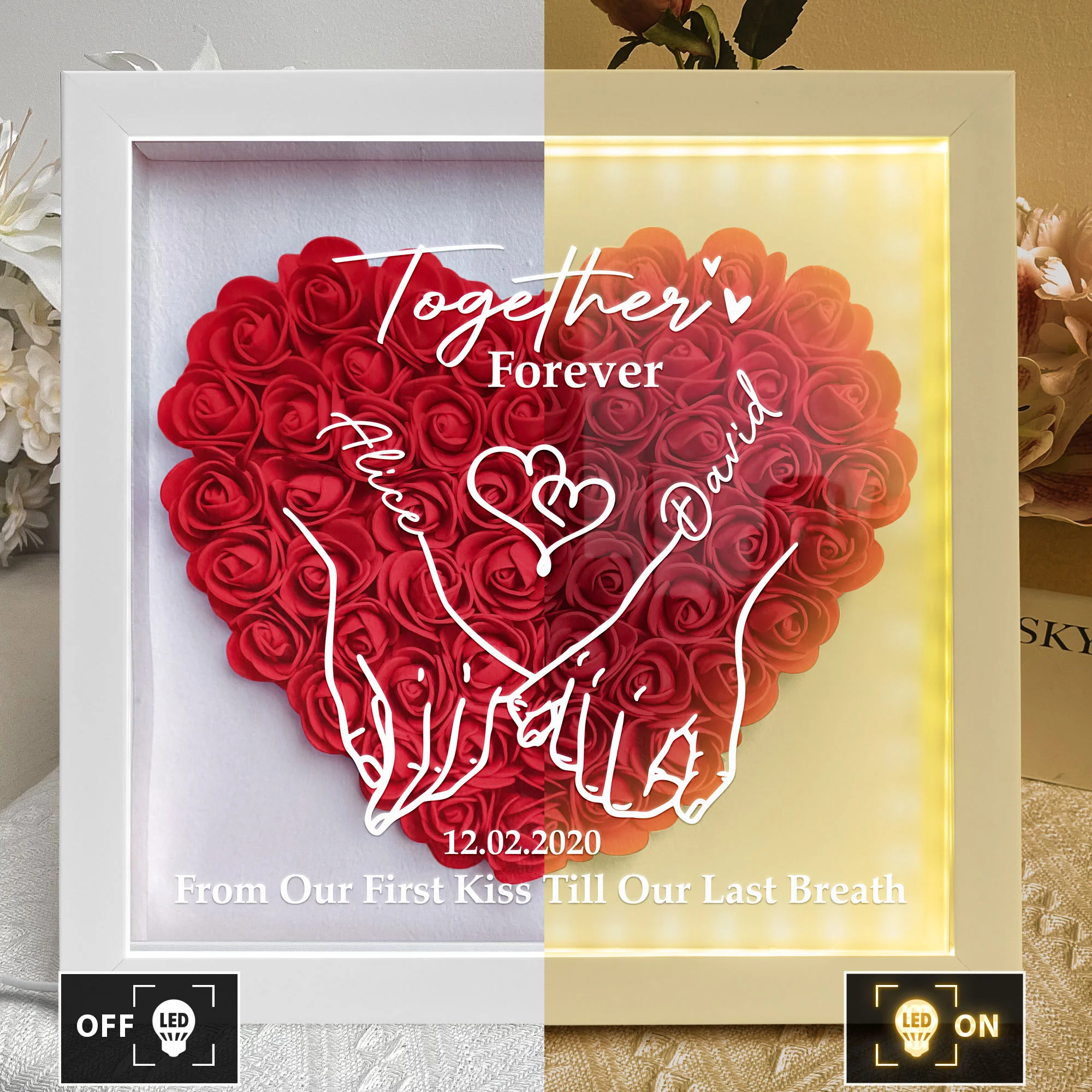 From Our First Kiss Till Our Last Breath - Personalized Flower Shadow Box With LED Light - Image 3