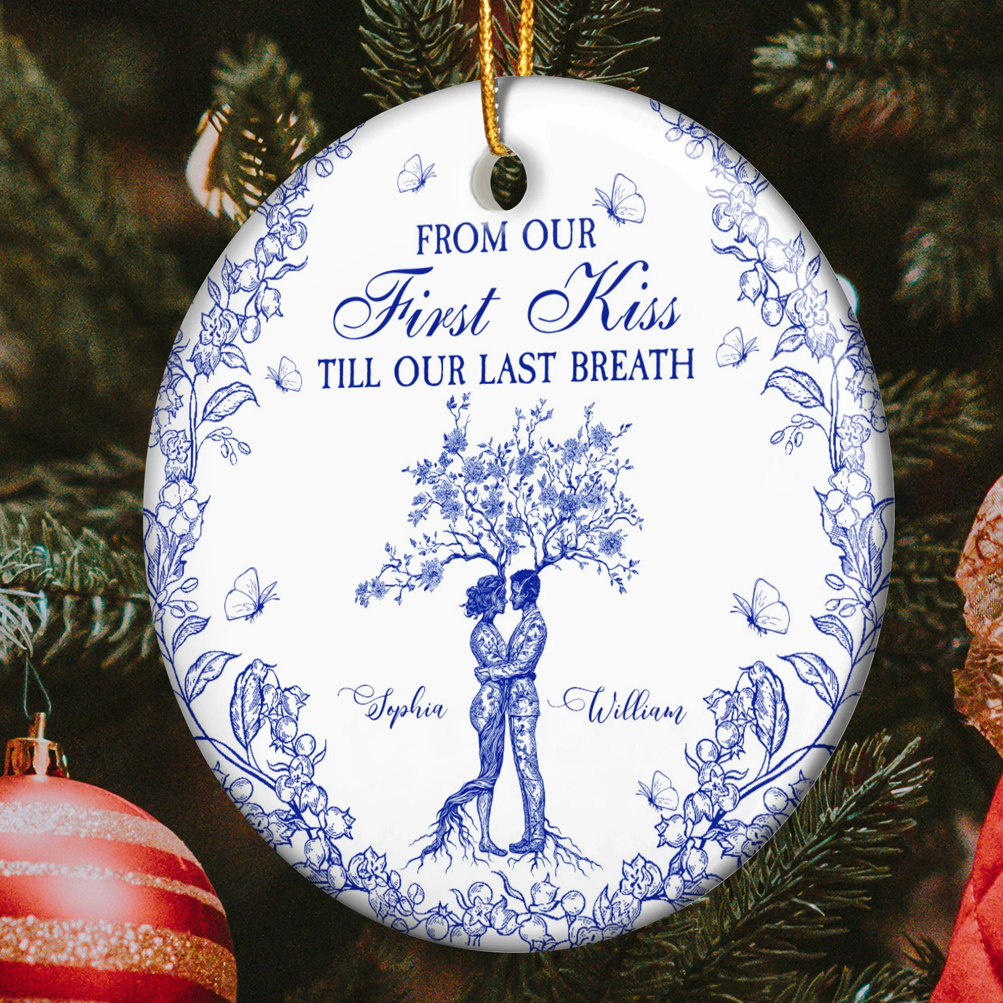 From Our First Kiss Till Our Last Breath Toile De Jouy - Personalized Ceramic Ornament - Image 2