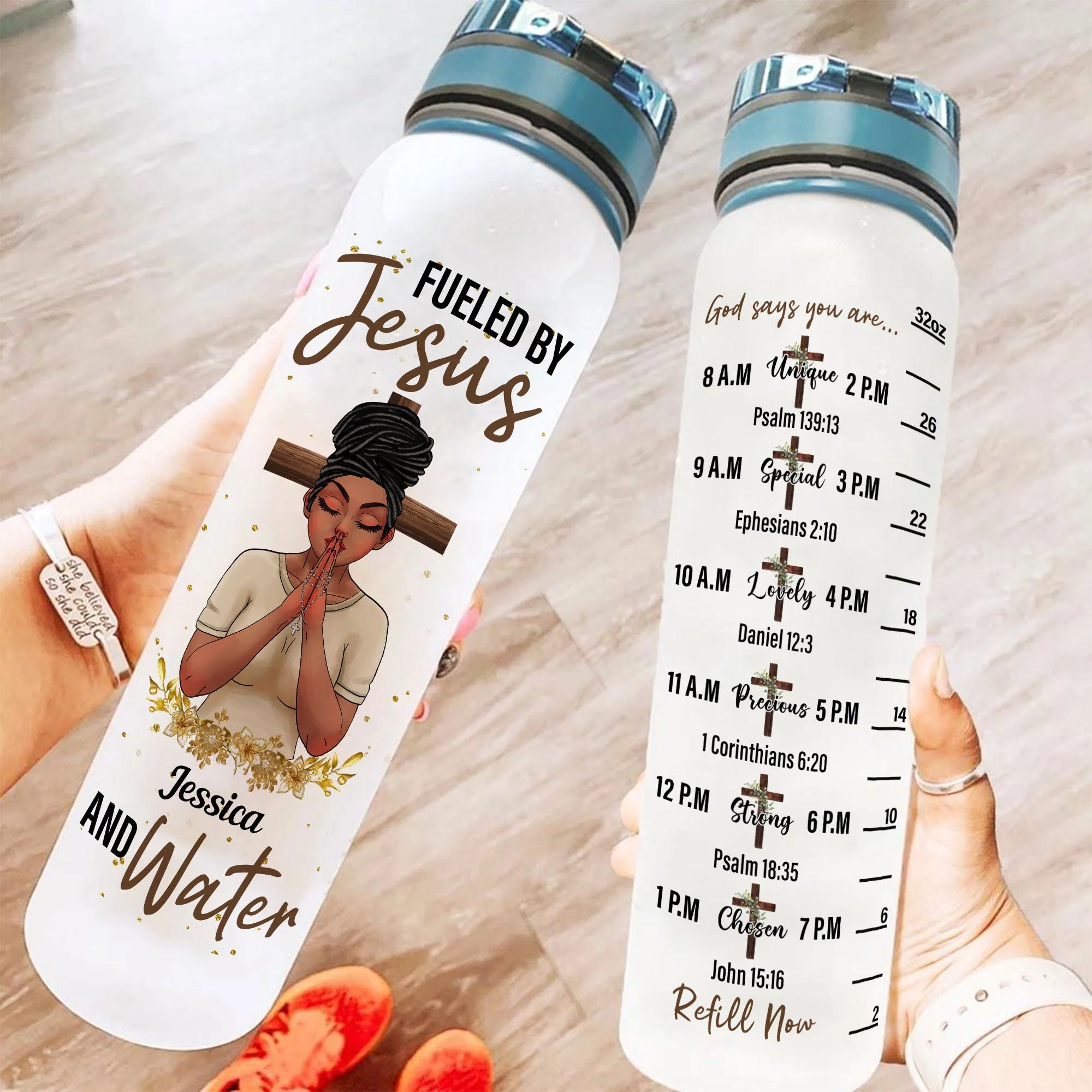 Fueled By Jesus And Water - Personalized Water Tracker Bottle - Birthday, Motivation Gift For Black Girl, Black Woman - Image 2