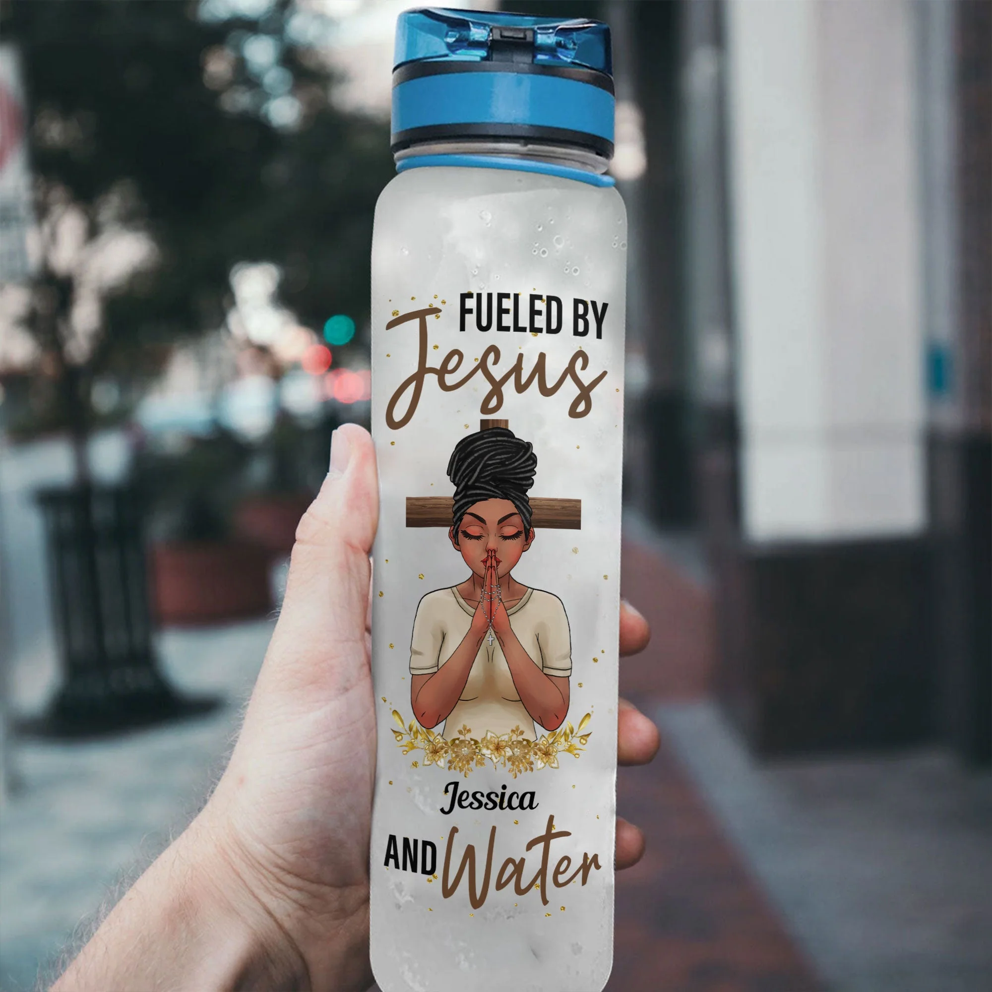 Fueled By Jesus And Water - Personalized Water Tracker Bottle - Birthday, Motivation Gift For Black Girl, Black Woman - Image 3