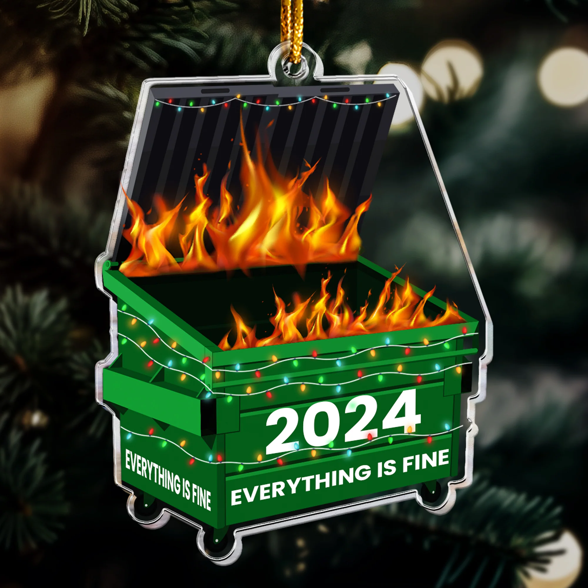 Fun Ornament Upload Photo - 2024 Dumpster On Fire - Everything Is Fine - Personalized Acrylic Photo Ornament - Image 5