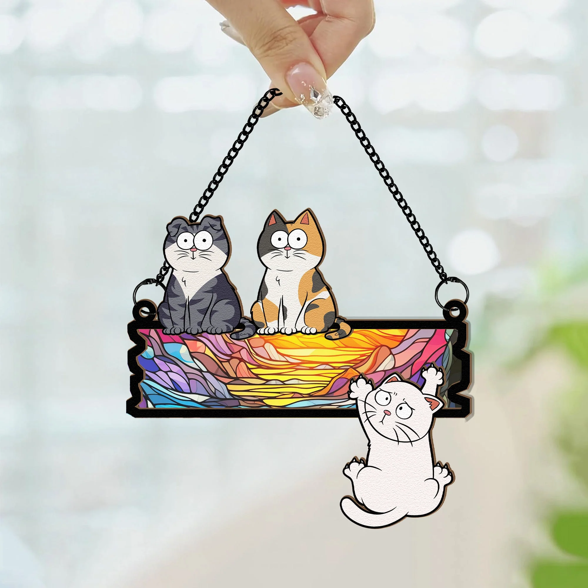 Funny Cats Hanging On Wooden Sign- Personalized Window Hanging Suncatcher Ornament - Image 3
