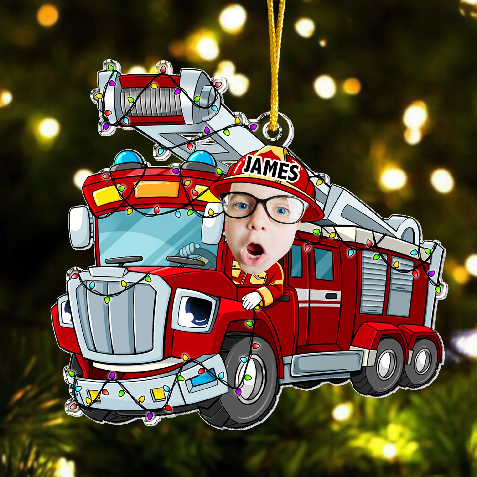 Funny Fire Truck Custom Kid Face - Personalized Acrylic Photo Ornament - Image 4