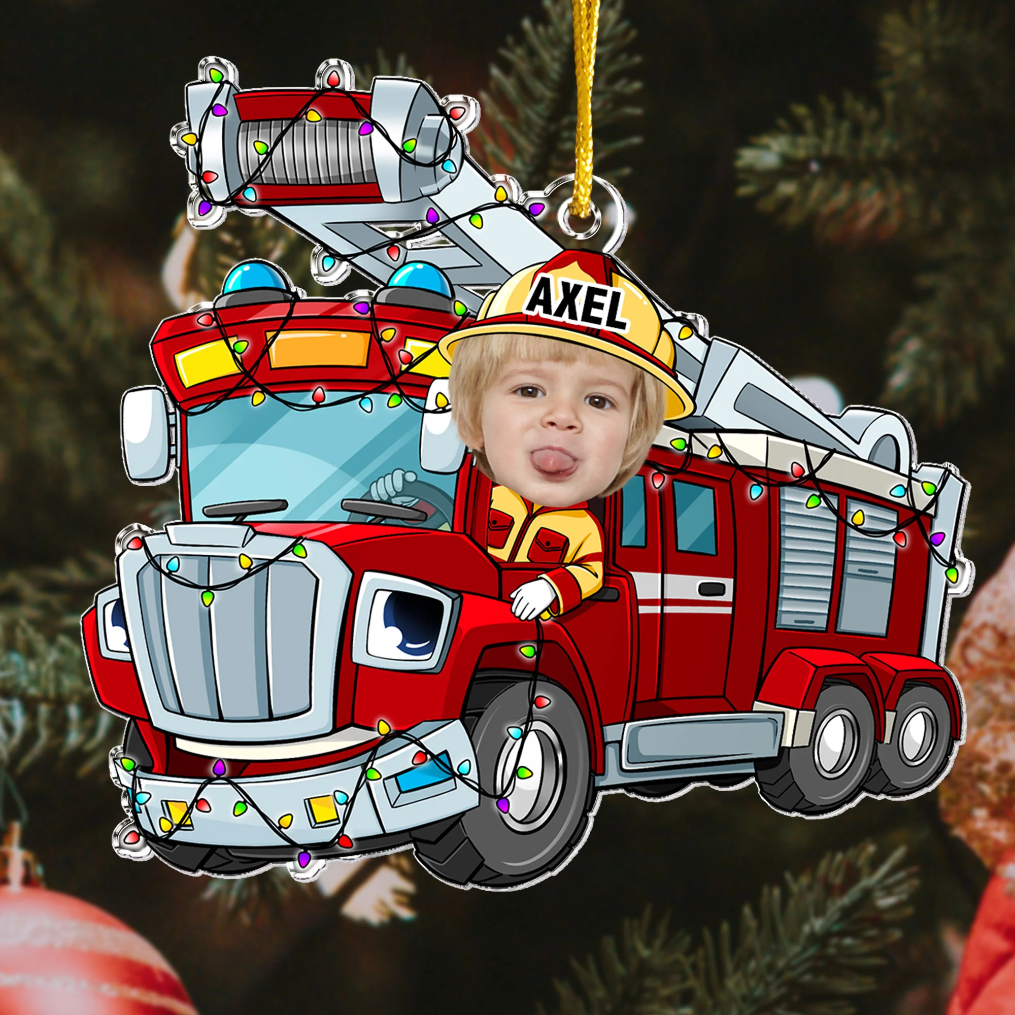 Funny Fire Truck Custom Kid Face - Personalized Acrylic Photo Ornament - Image 6