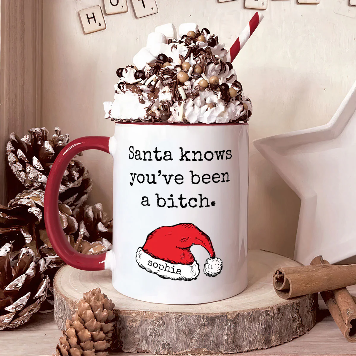 Funny Santa Coffee Red Handle Mug Rude Christmas - Sarcastic Gifts - Personalized Accent Mug - Image 3