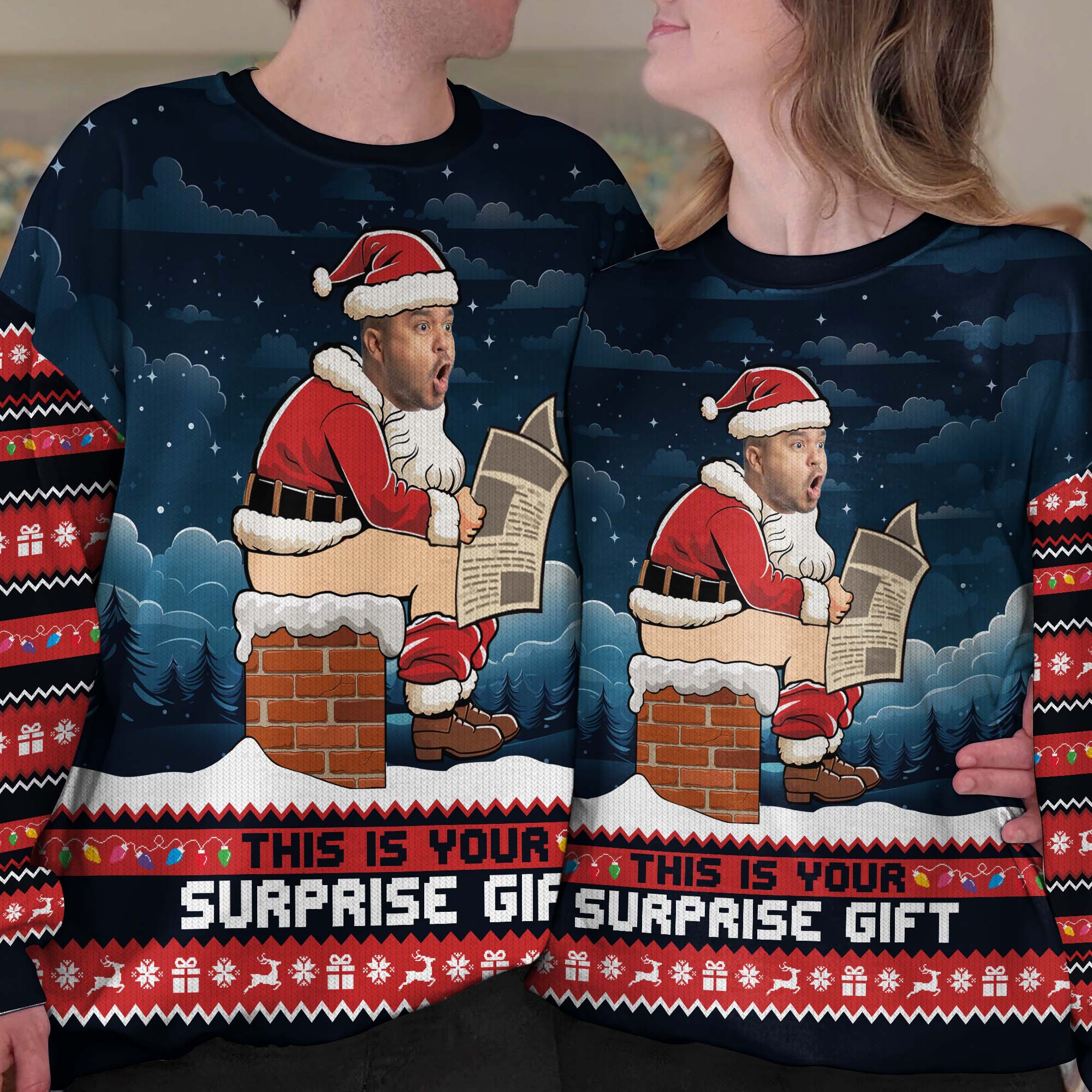 Funny Santa Face Photo Surprise Gag Gift - Personalized Photo Ugly Sweater - Image 4