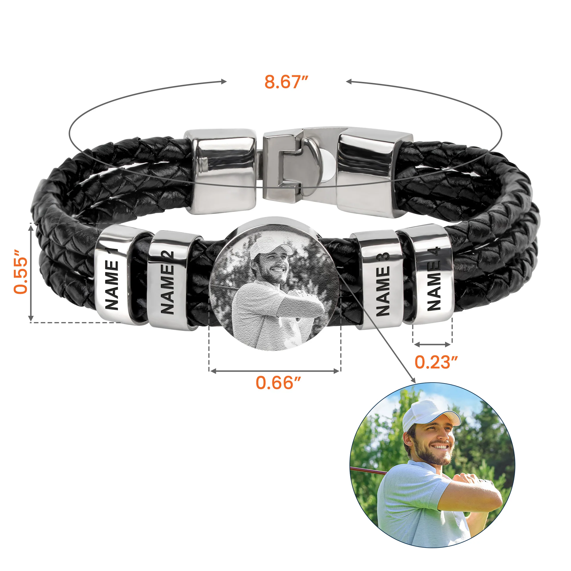 Gift For Golf Dad - Personalized Photo Leather Bracelet - Image 7