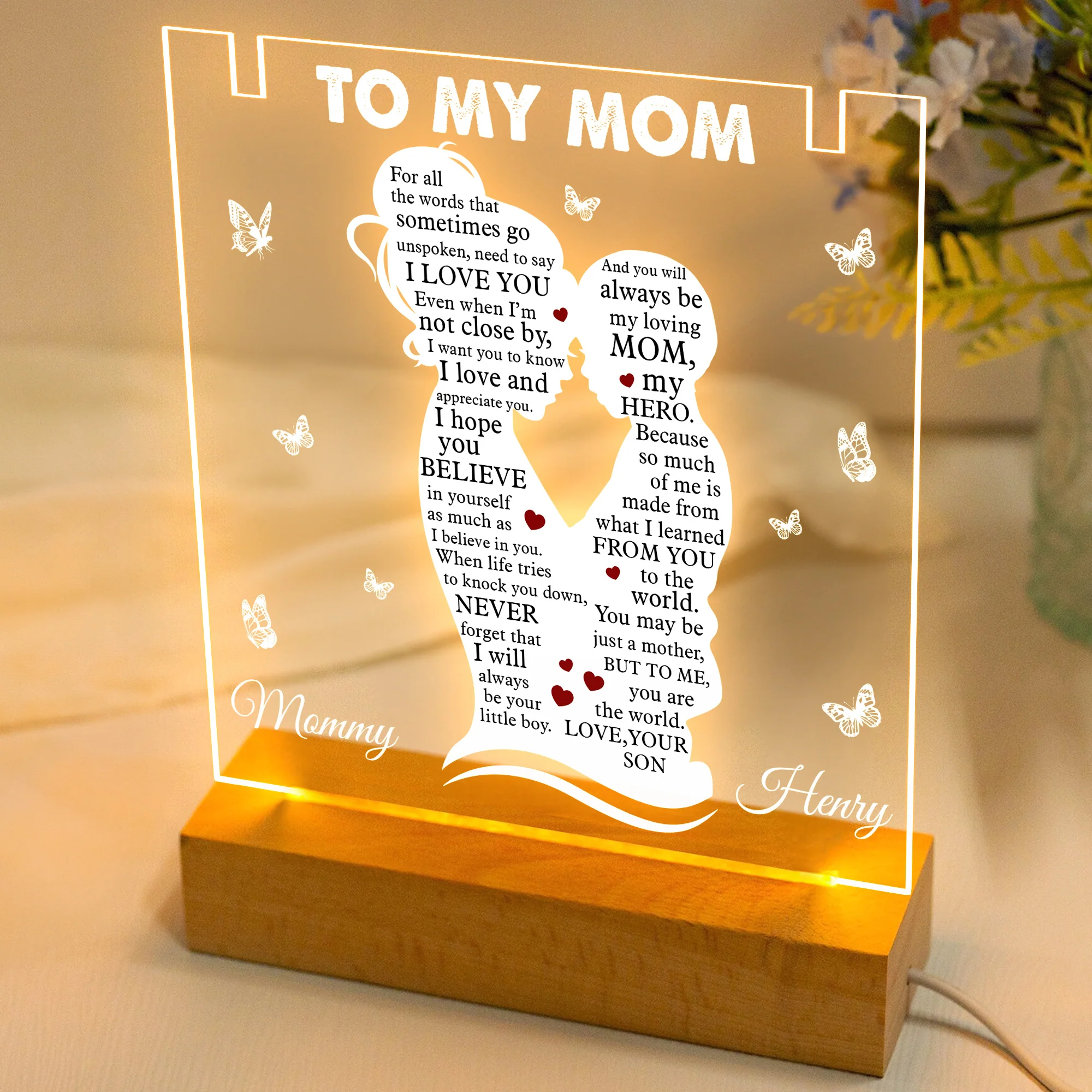 Gifts For Mom From Daughter/Son - Personalized LED Light Acrylic Plaque With Infinity Necklace - Image 2