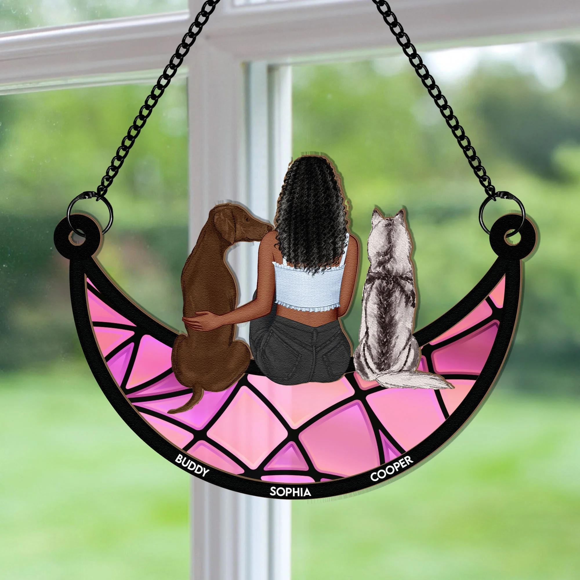 Girl And Dog Sitting On The Moon - Personalized Window Hanging Suncatcher Ornament - Image 3