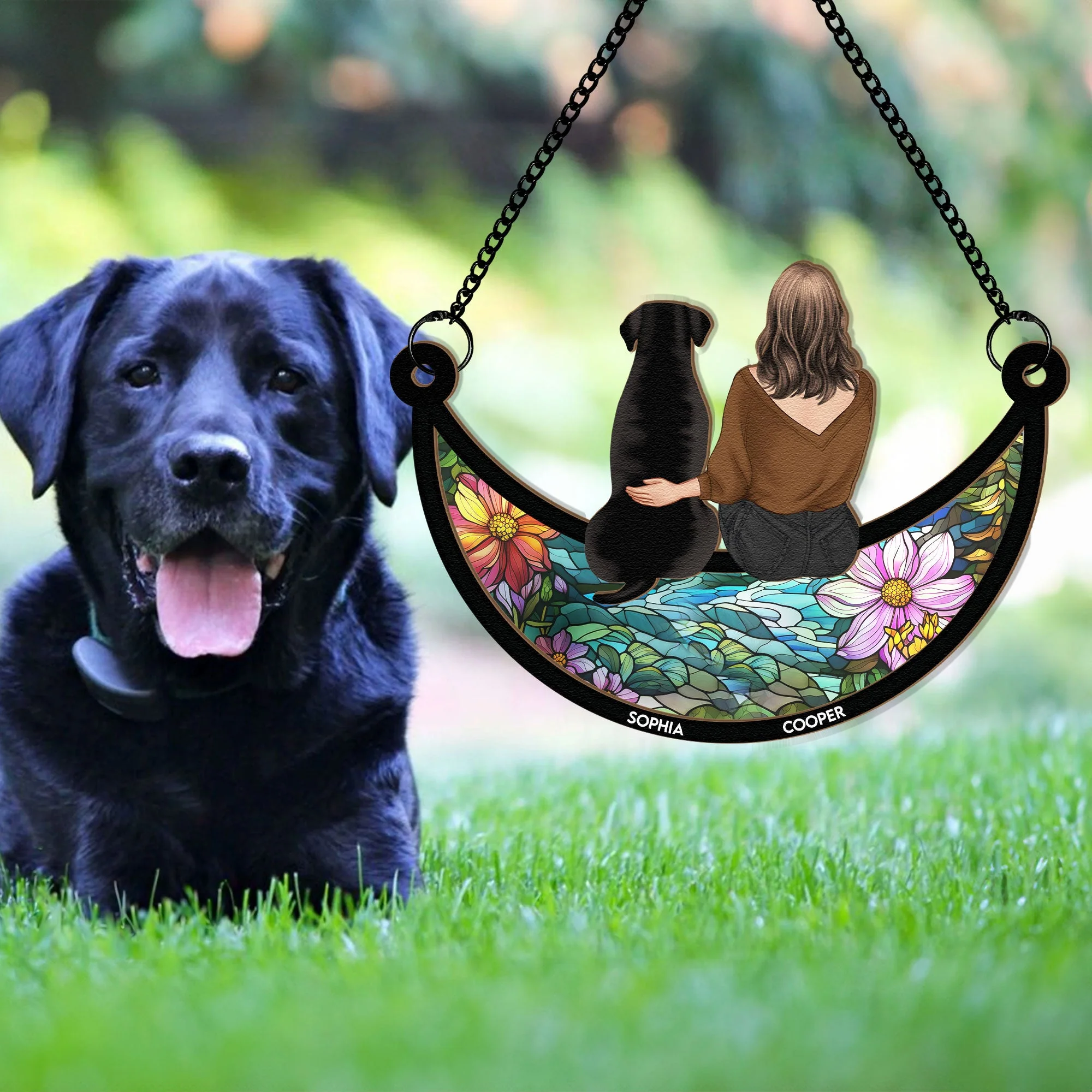 Girl And Dog Sitting On The Moon - Personalized Window Hanging Suncatcher Ornament - Image 4