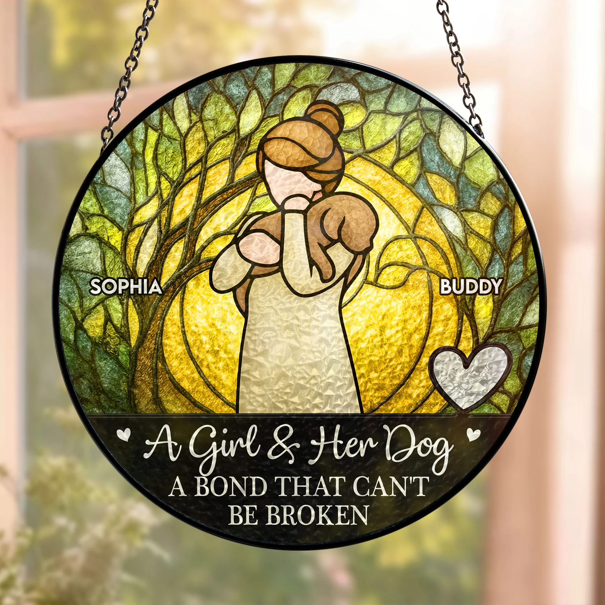 Girl & Dog A Bond Can't Be Broken - Personalized Stained Glass Window Hanging Suncatcher - Image 2