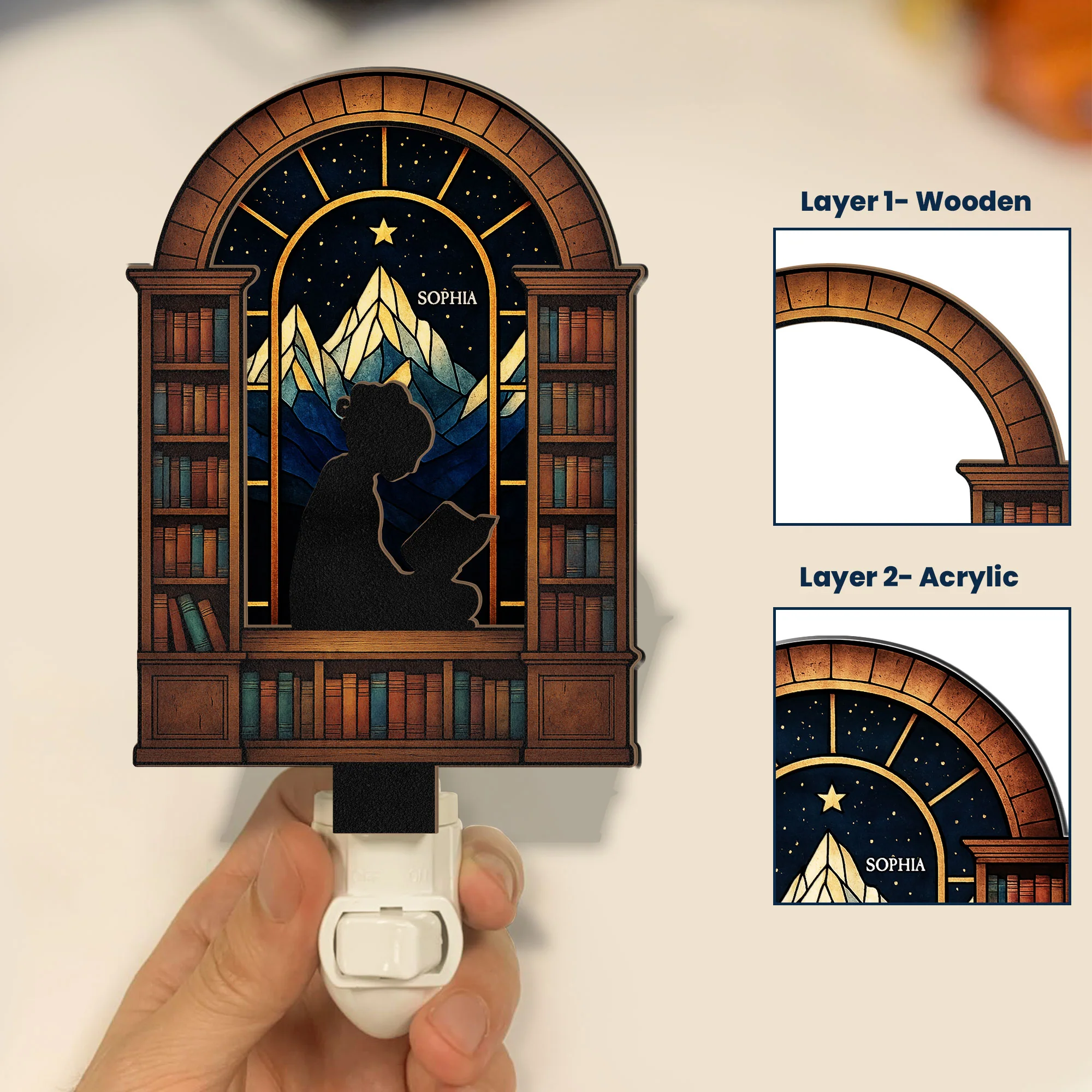 Girl Reading Book - Personalized Wood And Acrylic Night Light - Image 2