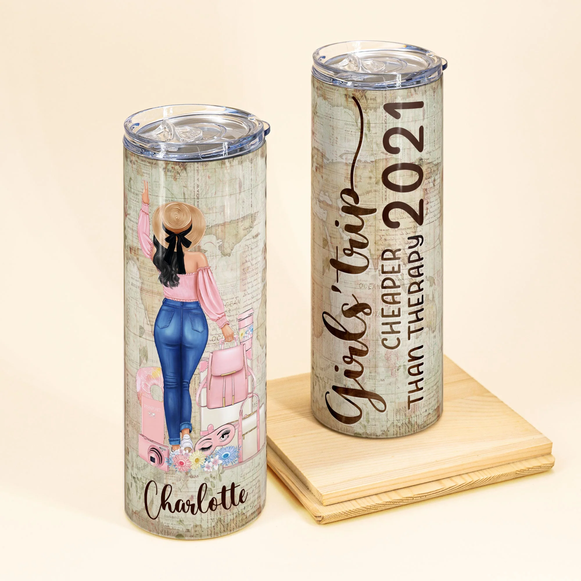 Girl'S Trip Cheaper Than Therapy - Personalized Skinny Tumbler - Christmas, Birthday Gift For Travel Girl, Traveler, Wanderlust - Image 2