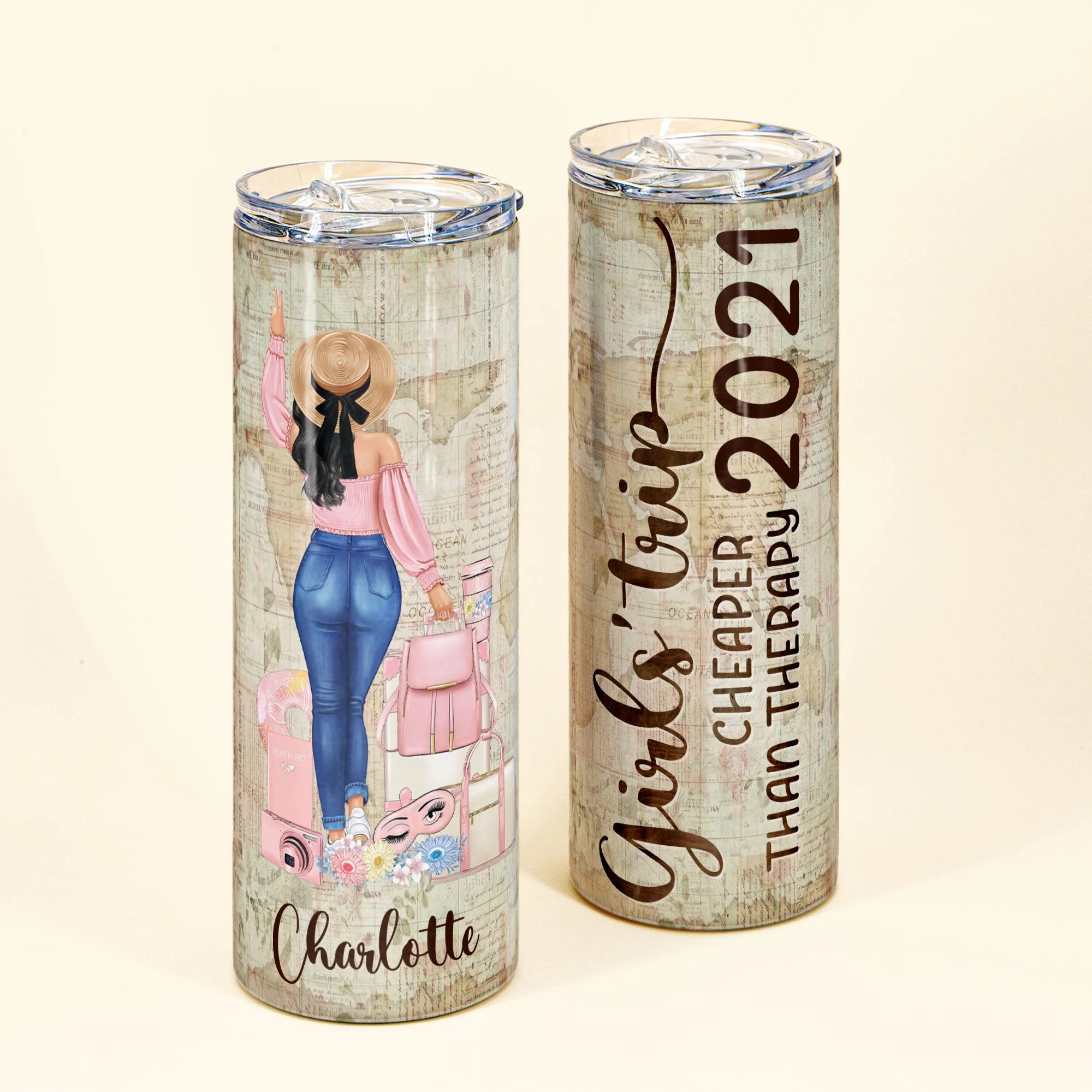 Girl'S Trip Cheaper Than Therapy - Personalized Skinny Tumbler - Christmas, Birthday Gift For Travel Girl, Traveler, Wanderlust - Image 3