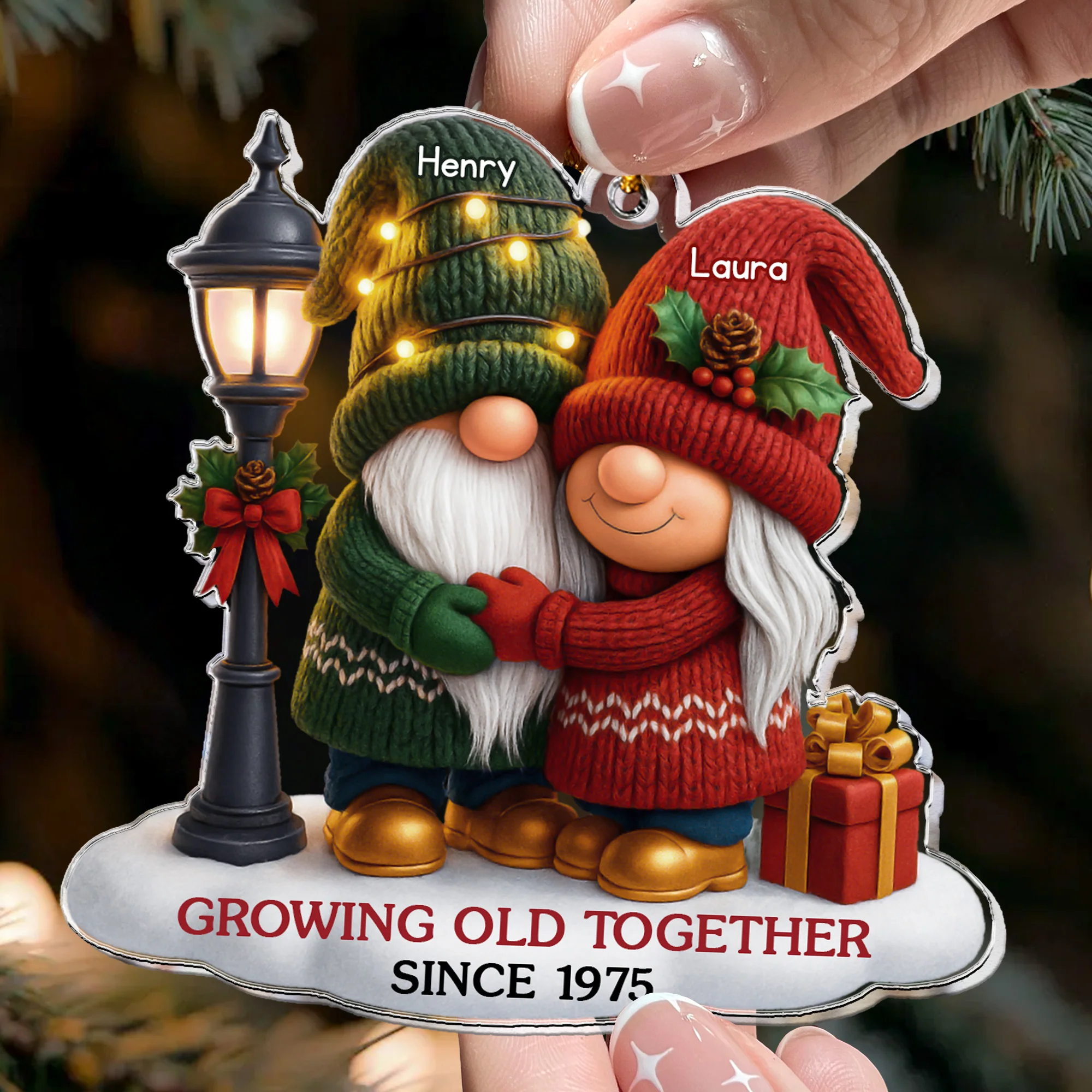Gnome Couple Growing Old Together Since - Personalized Acrylic Ornament - Image 2