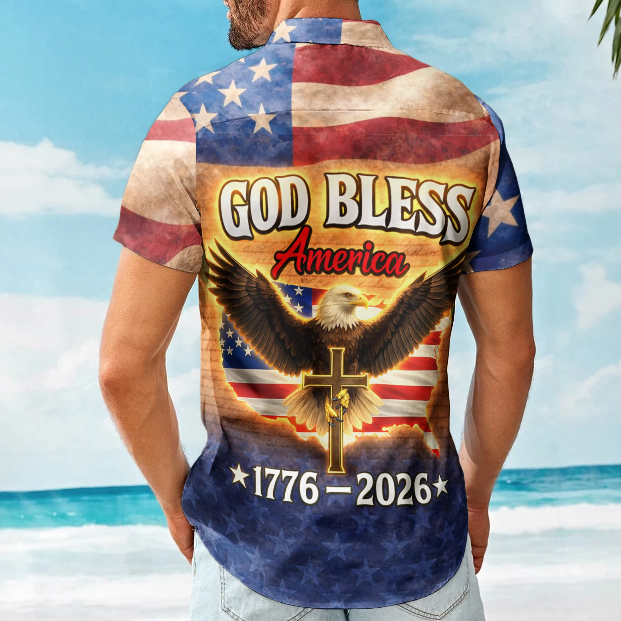 God Bless America Eagle Cross - Hawaiian Shirt - Image 2