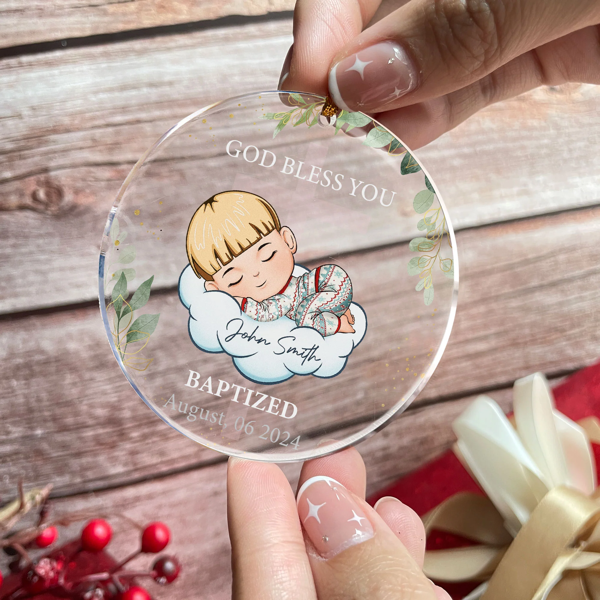 God Bless You Baptism Gift - Personalized Circle Acrylic Ornament - Image 2