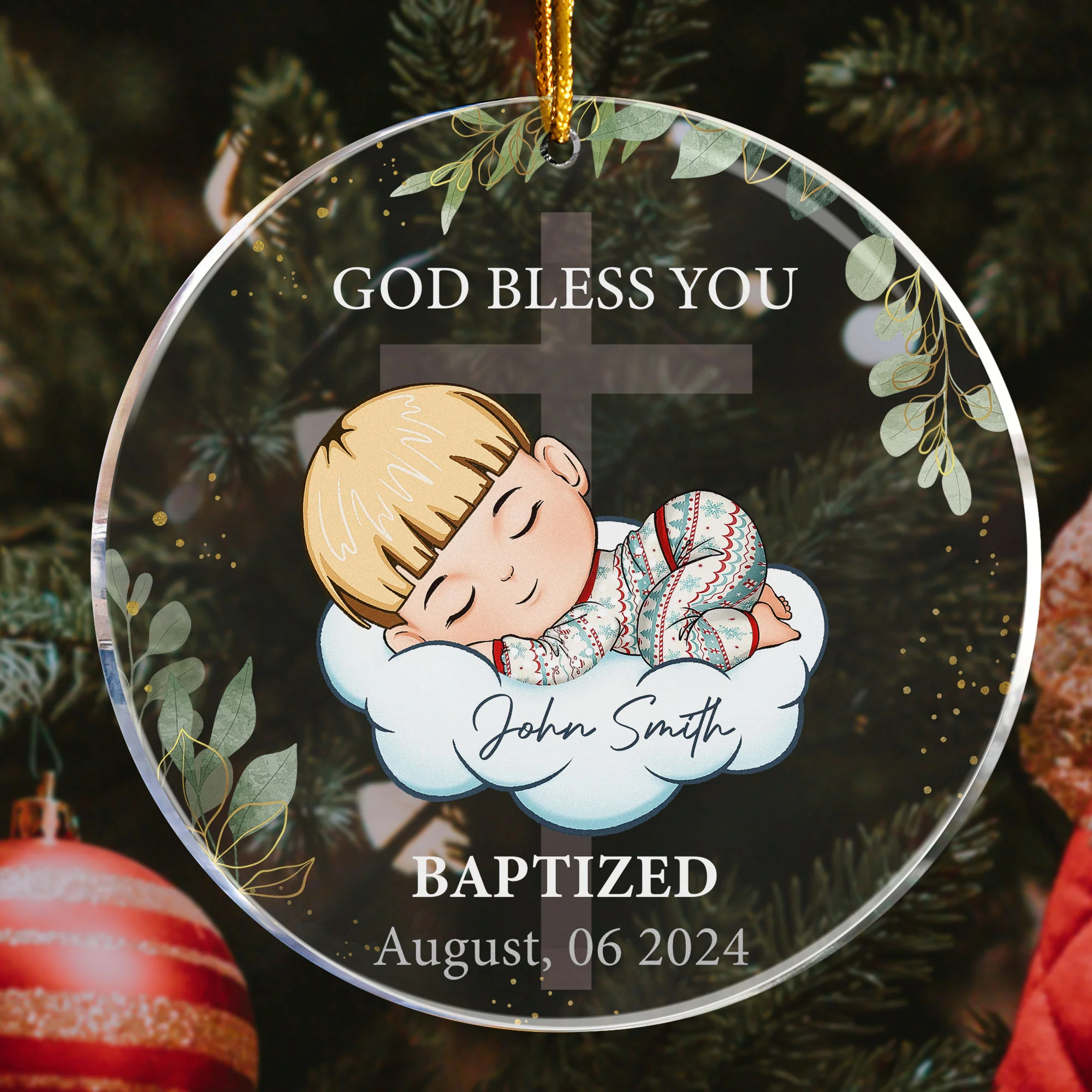 God Bless You Baptism Gift - Personalized Circle Acrylic Ornament - Image 3