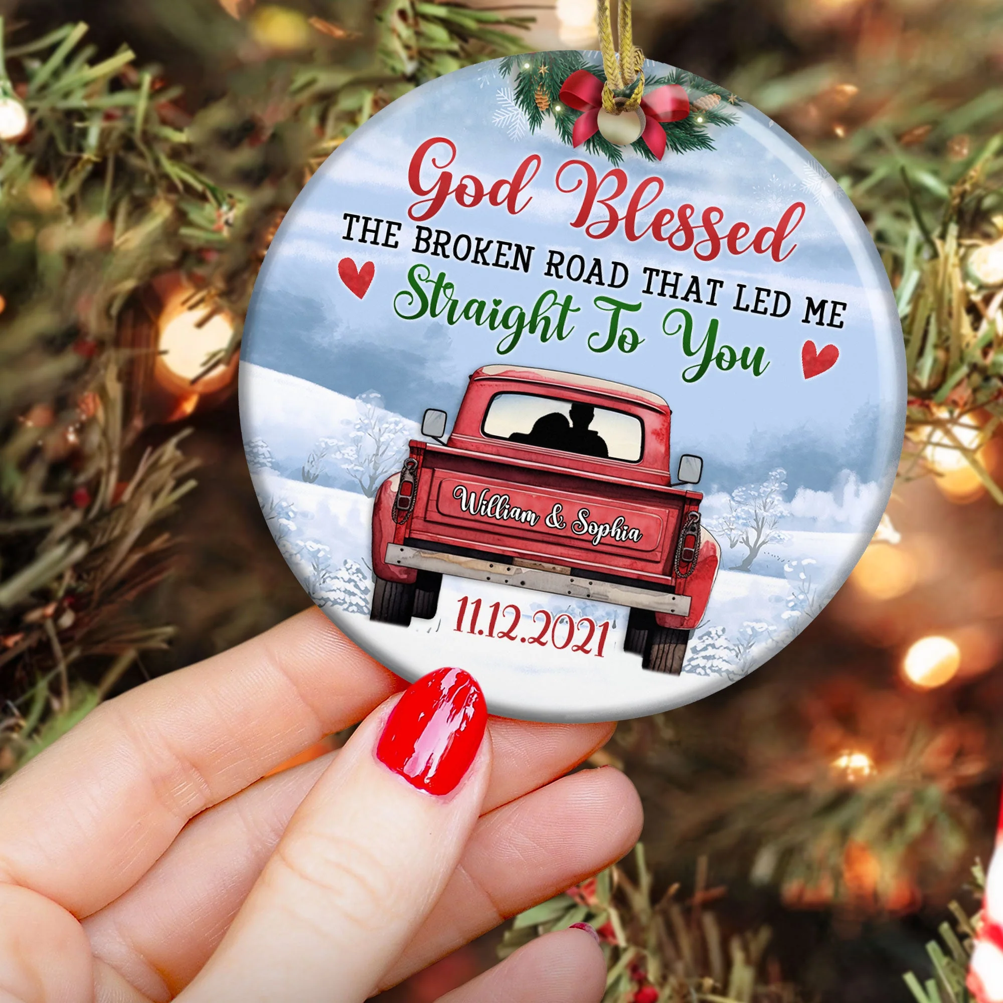 God Blessed The Broken Road That Led Me - Personalized Ceramic Ornament - Image 2