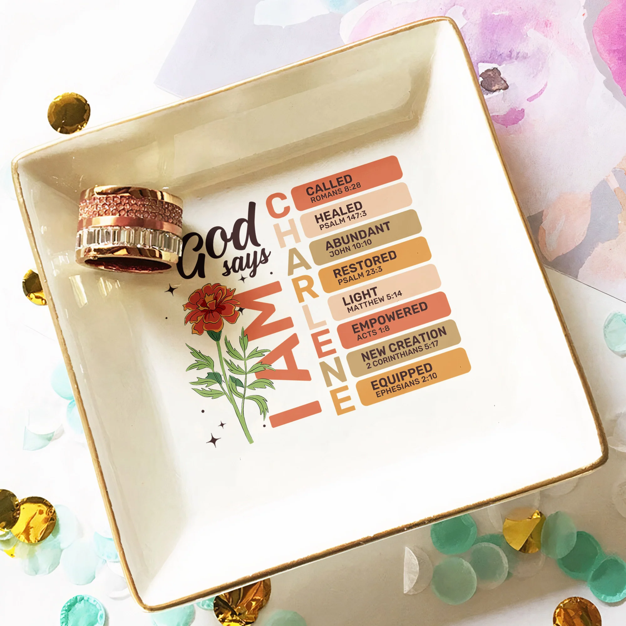 God Says I Am With Birth Flower And Bible Verses - Personalized Jewelry Dish - Image 4