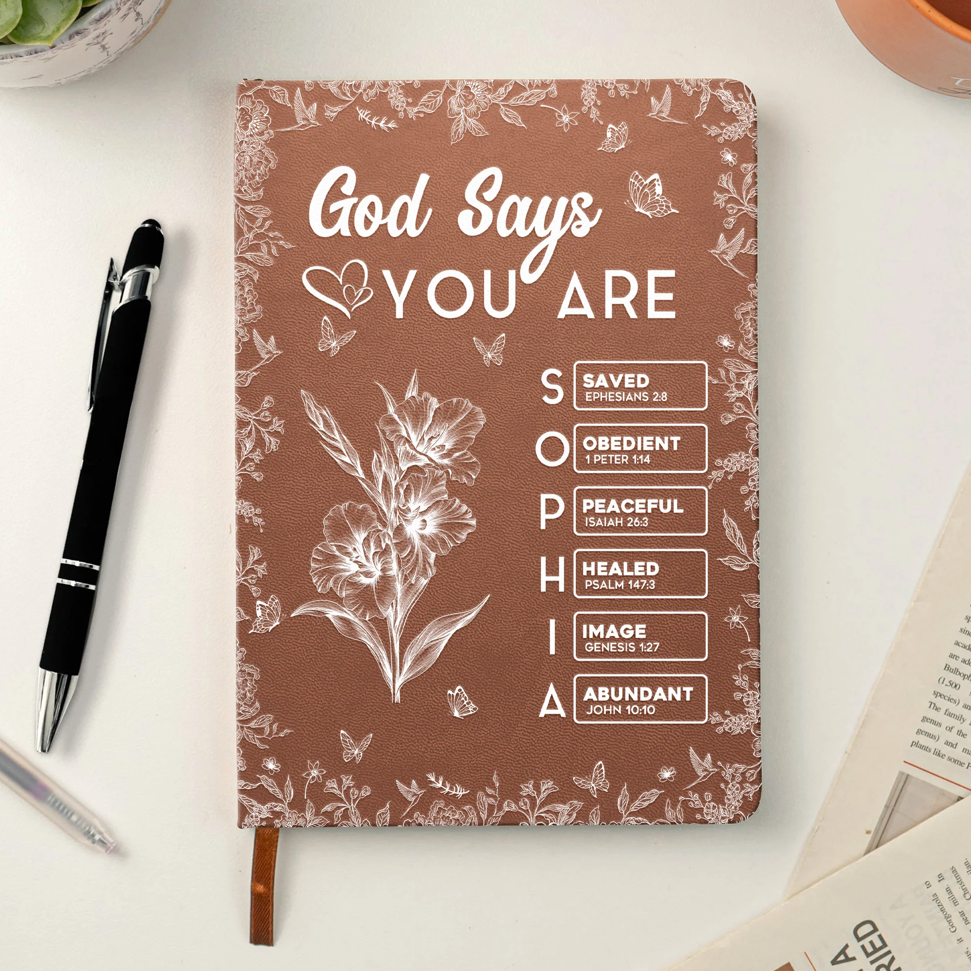 God Says I Am Birth Month Flower Gift For Her - Personalized Leather Journal - Image 2