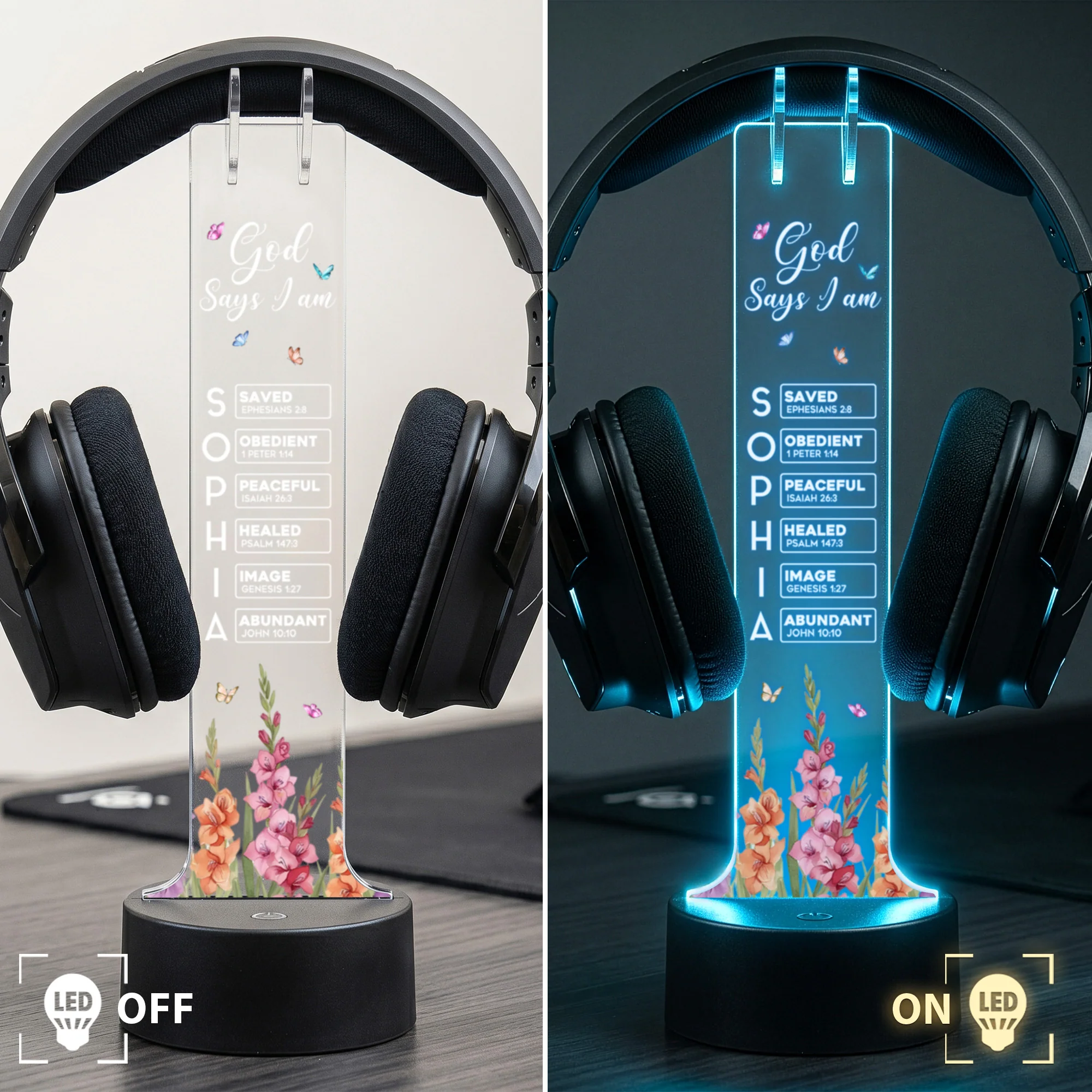 God Says I am Custom Birth Flower Name In Bible Verse - Personalized Headphone Stand - Image 3