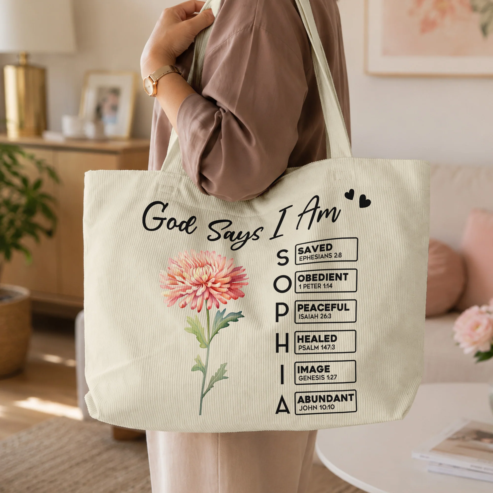 God Says I Am Custom Birth Flower Name In Bible Verse - Personalized Tote Bag - Image 3