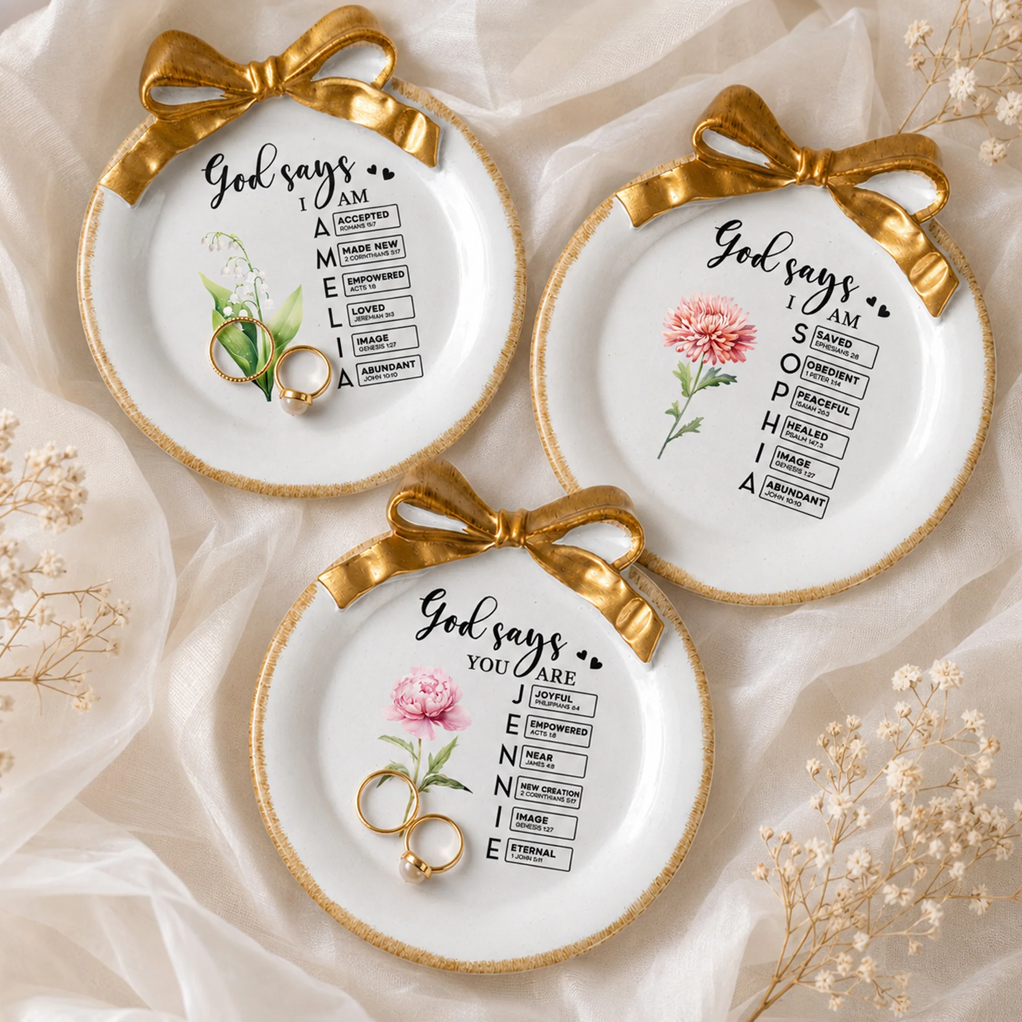 God Says I Am Custom Name & Birth Flower Bow Tray - Personalized Jewelry Dish