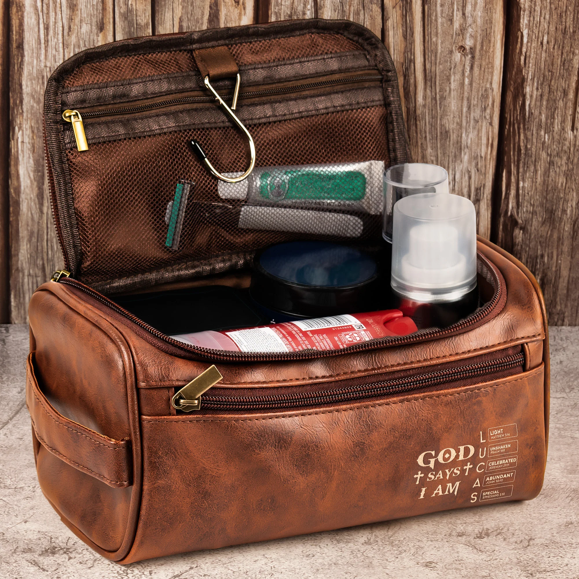 God Says I Am Custom Name In Bible Verse For Men, Husband, Son - Personalized Leather Toiletry Bag - Image 2