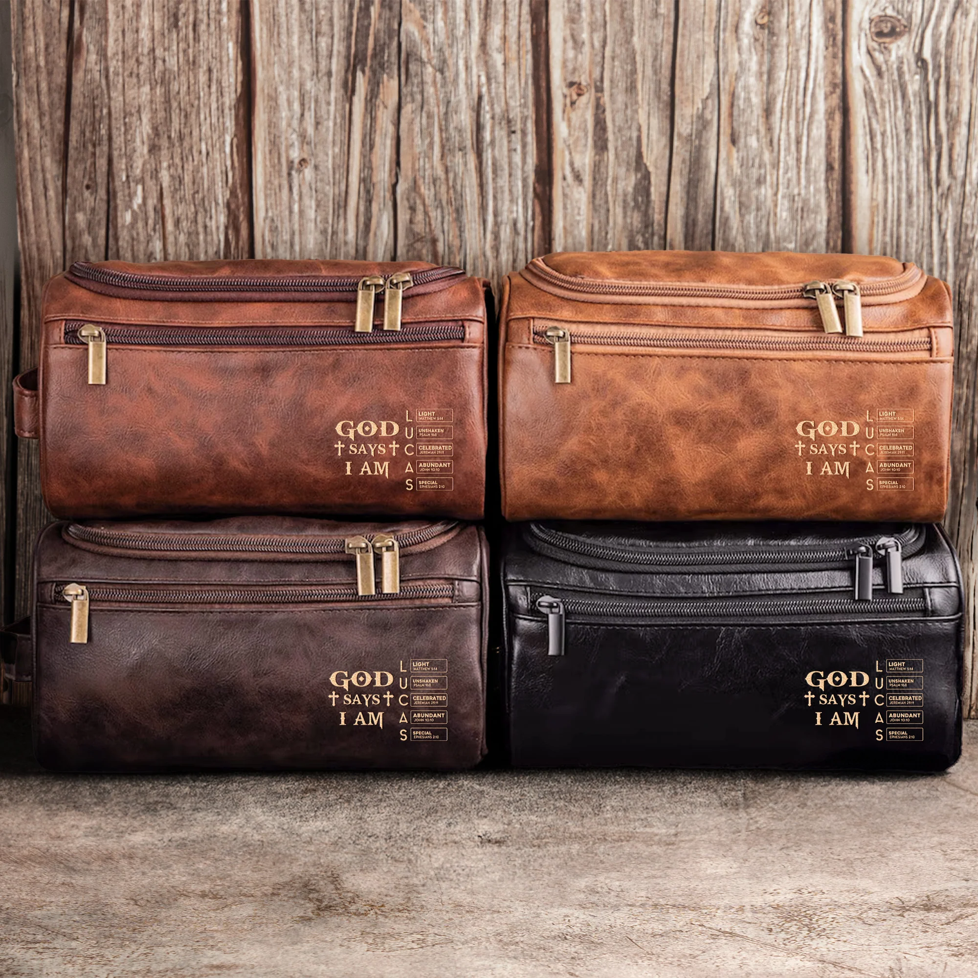 God Says I Am Custom Name In Bible Verse For Men, Husband, Son - Personalized Leather Toiletry Bag - Image 3