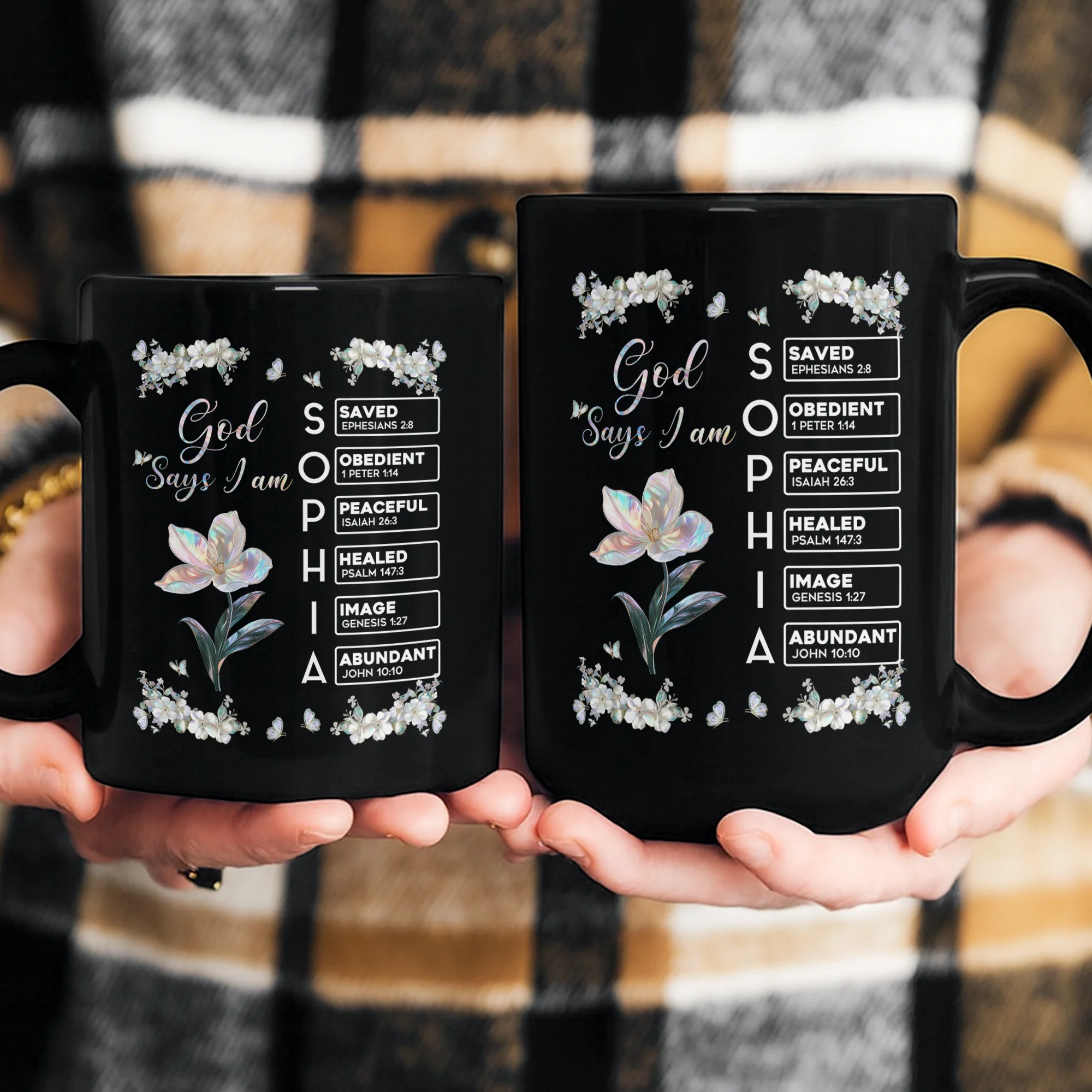 God Says I Am Custom Name In Bible Verses Birth Flower Pearl Effect Printed - Personalized Mug - Image 4