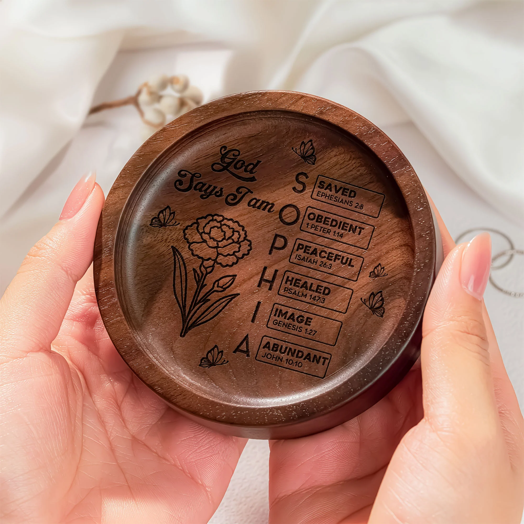 God Says I Am Name In Bible Verse - Personalized Wood Ring Dish - Image 3