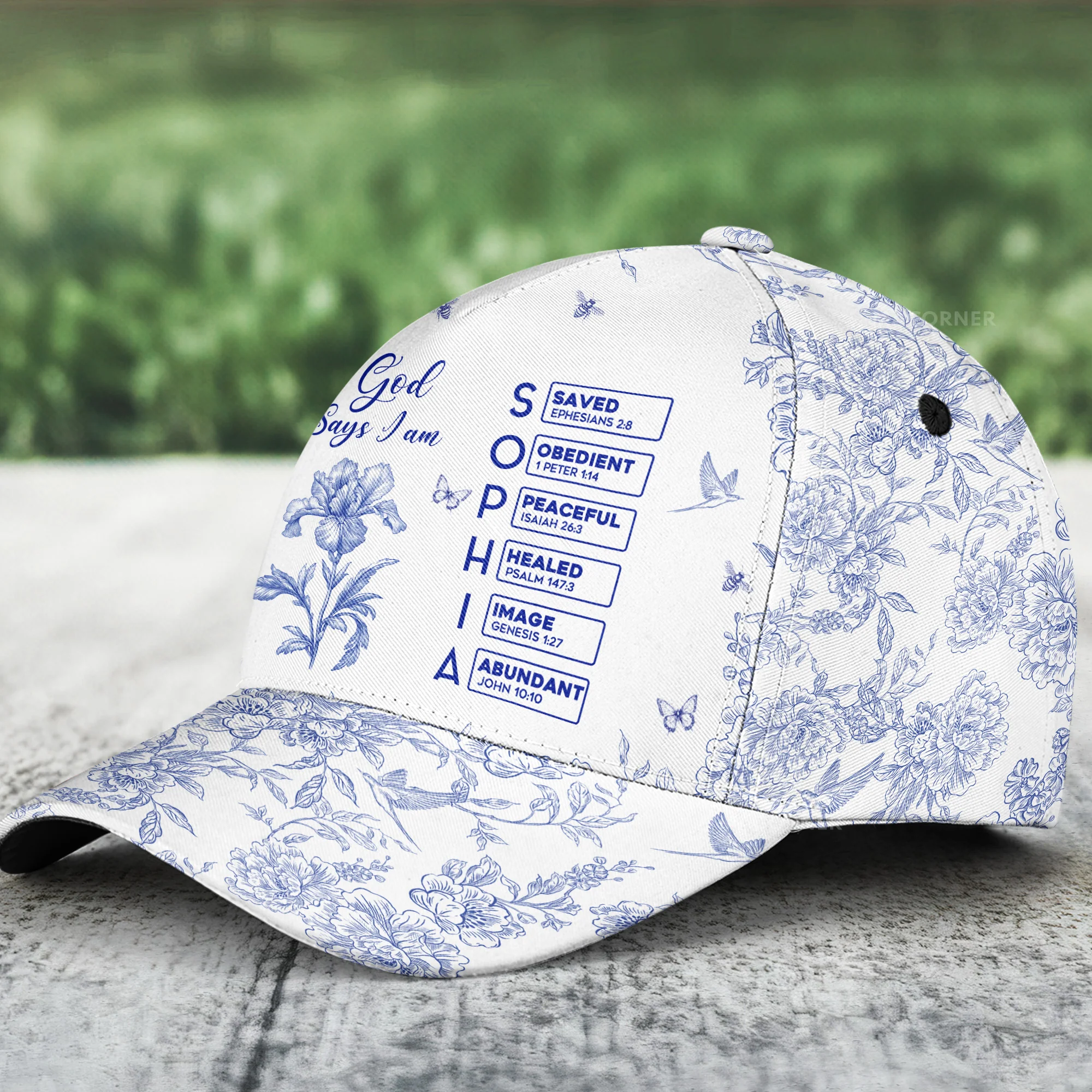 God Says I Am Name In Bible Verse Toile De Jouy Style - Personalized Classic Cap - Image 2