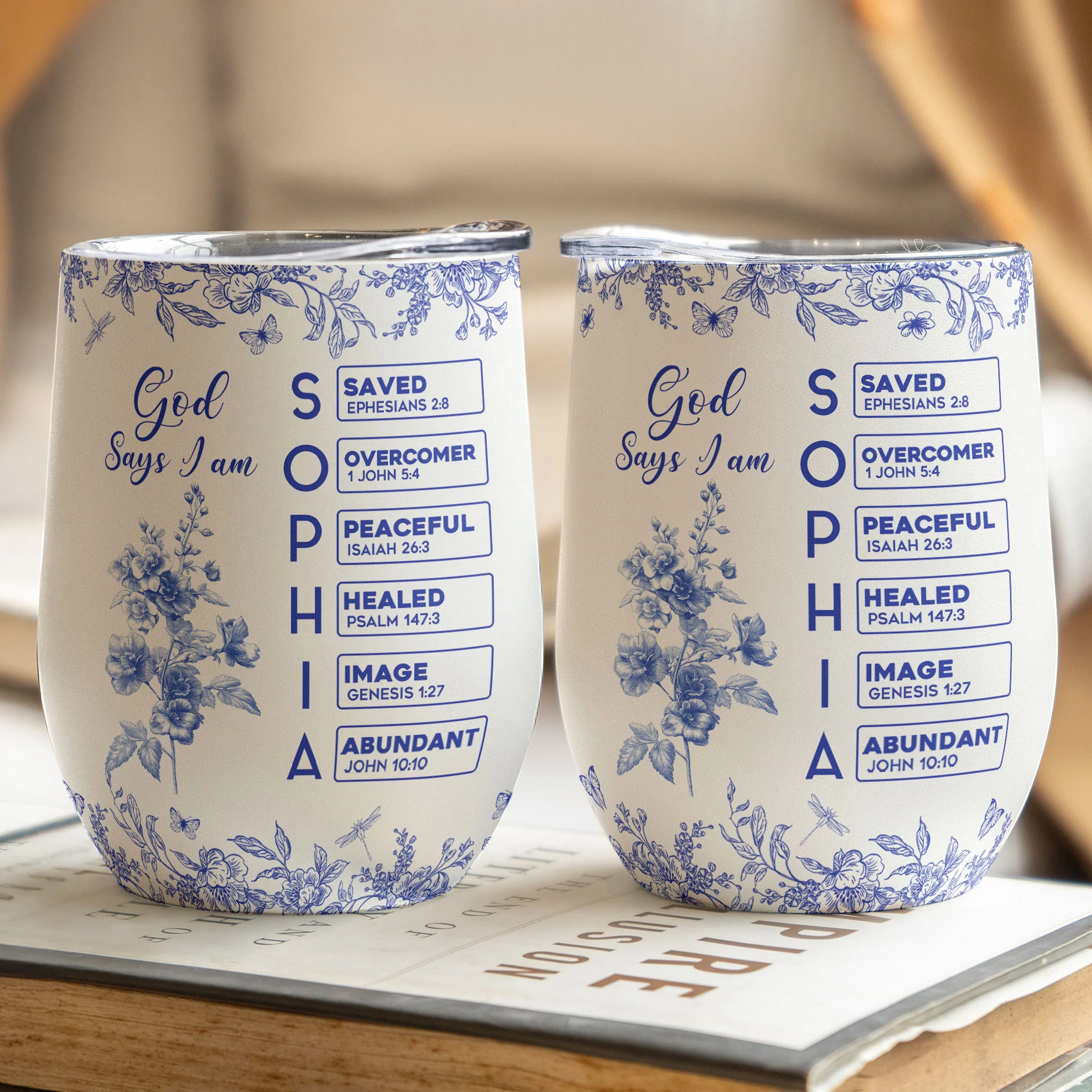 God Says I Am Name Letter In Bible Birth Flower Toile De Jouy Style - Personalized Wine Tumbler - Image 2
