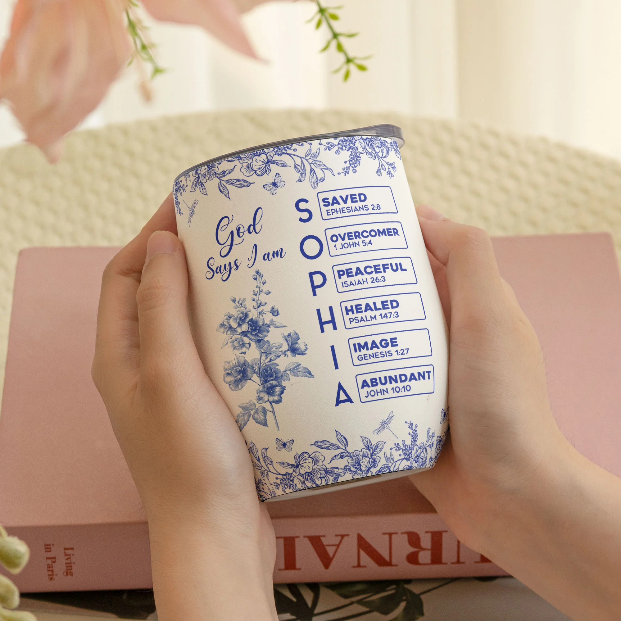 God Says I Am Name Letter In Bible Birth Flower Toile De Jouy Style - Personalized Wine Tumbler - Image 3