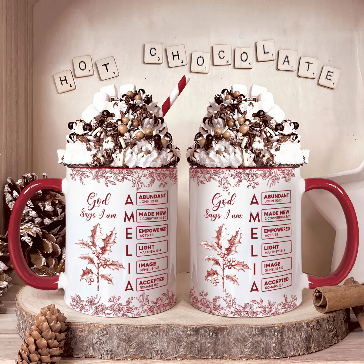 God Says I Am Name Letter In Bible Toile De Jouy Style - Personalized Accent Mug - Image 2