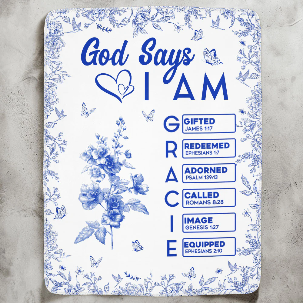 God Says I Am Name Letter In Bible Toile De Jouy Style - Personalized Blanket - Image 2