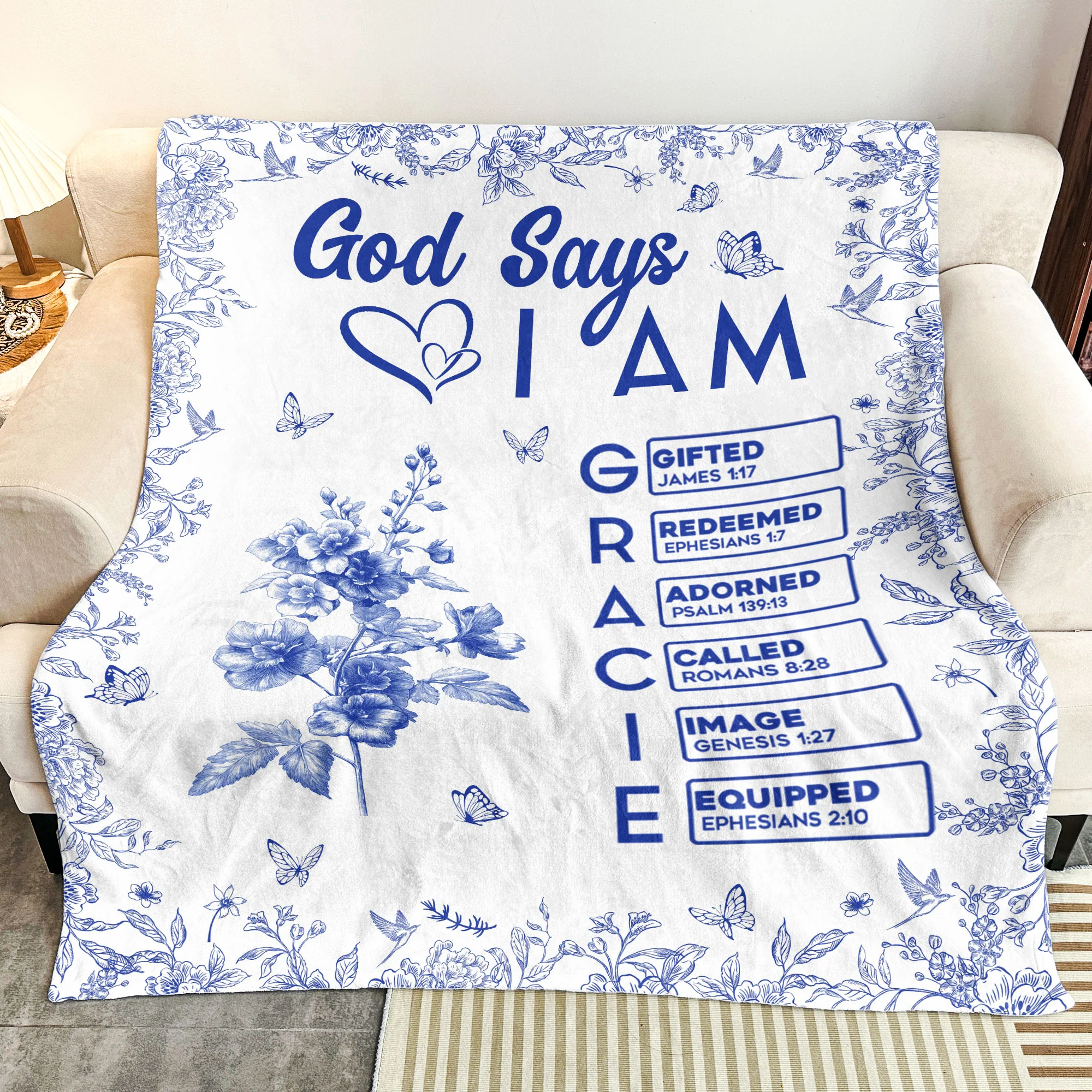 God Says I Am Name Letter In Bible Toile De Jouy Style - Personalized Blanket - Image 3