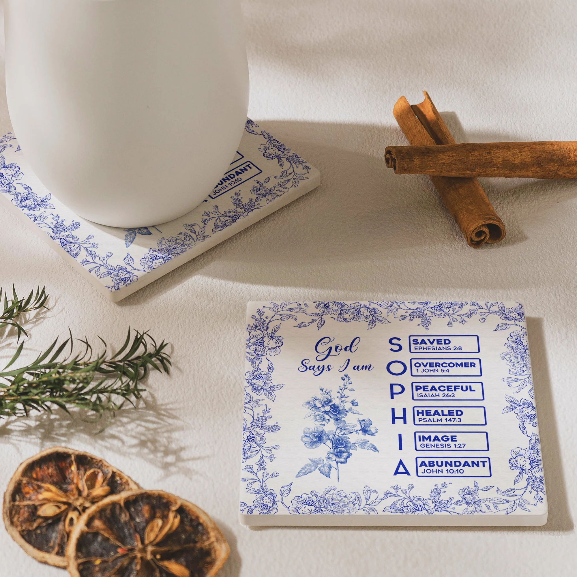God Says I Am Name Letter In Bible Toile De Jouy Style - Personalized Ceramic Coaster - Image 2