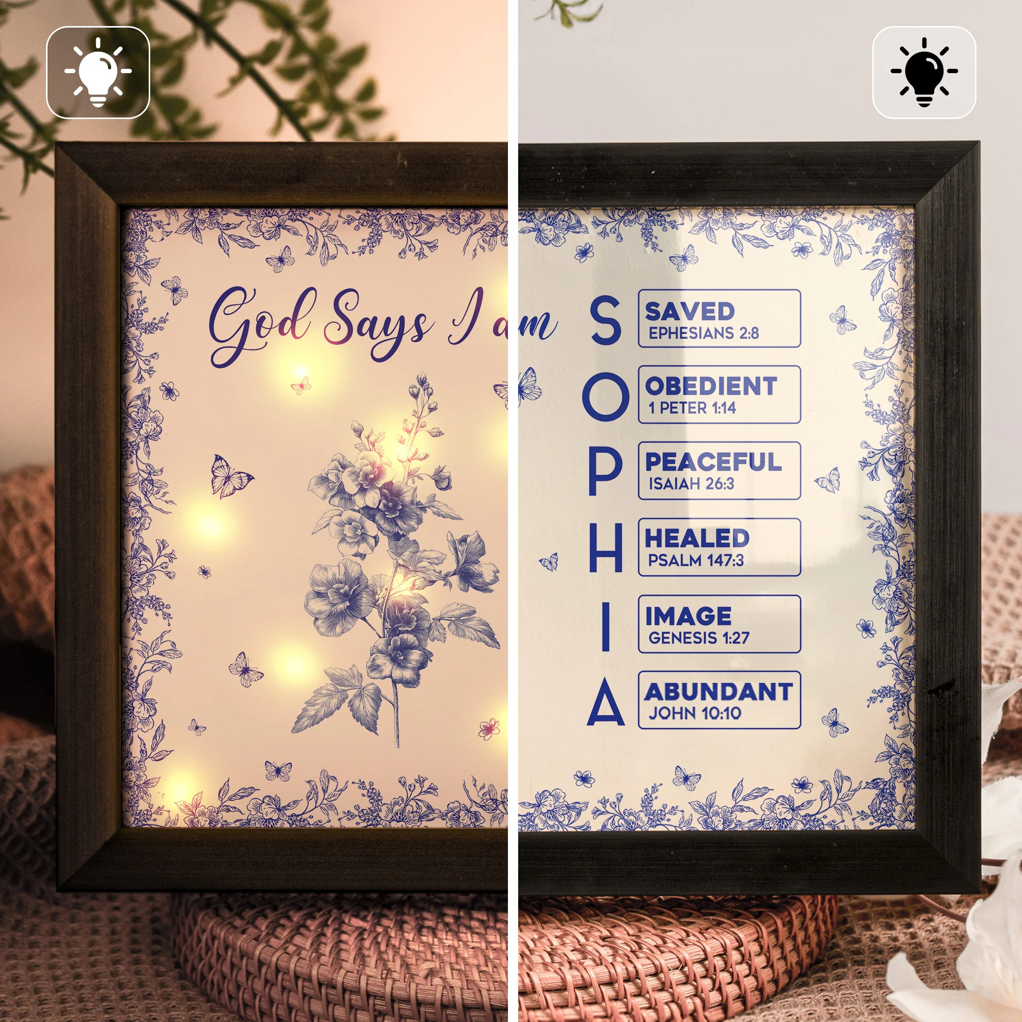 God Says I Am Name Letter In Bible Toile De Jouy Style - Personalized LED Shadow Box - Image 2