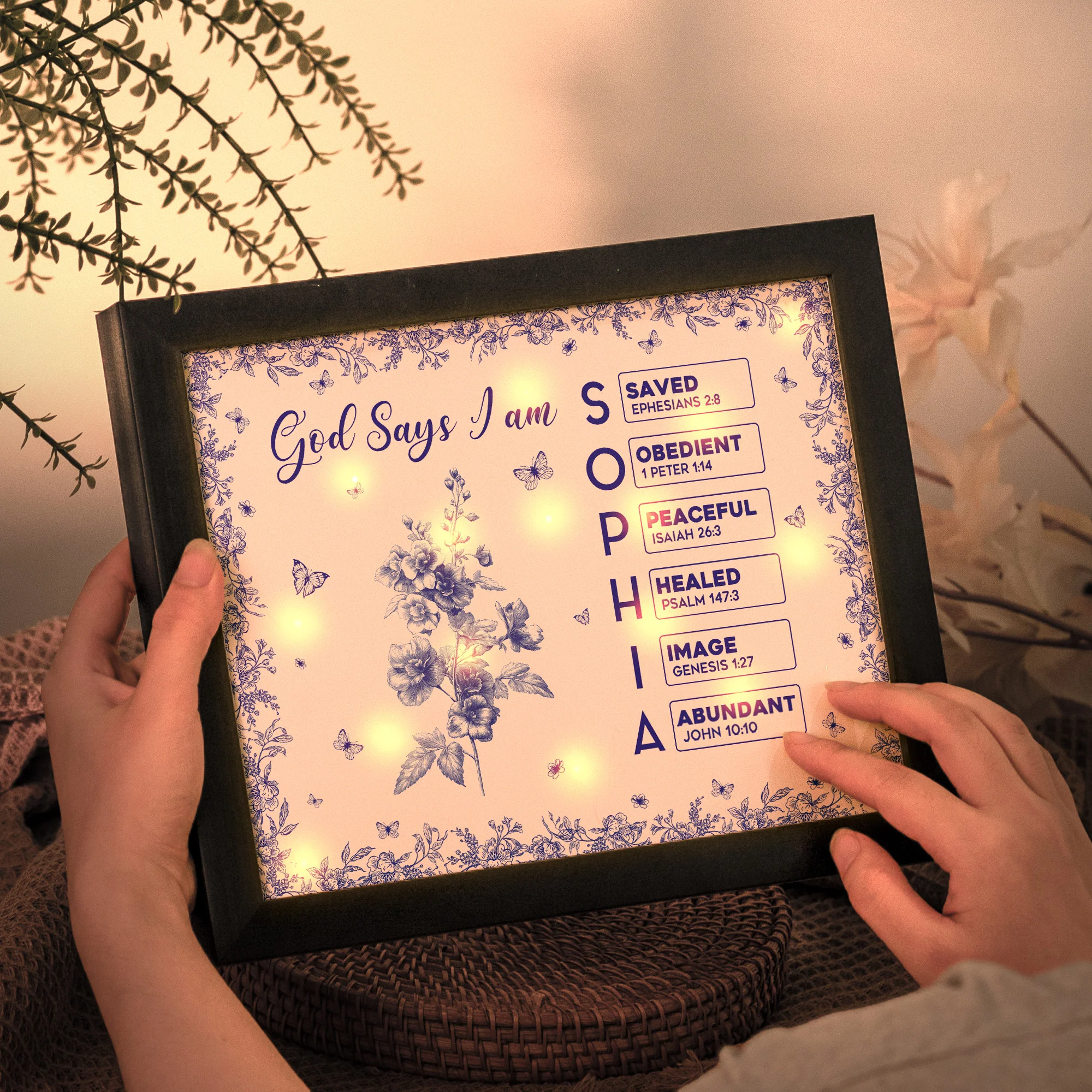 God Says I Am Name Letter In Bible Toile De Jouy Style - Personalized LED Shadow Box - Image 3