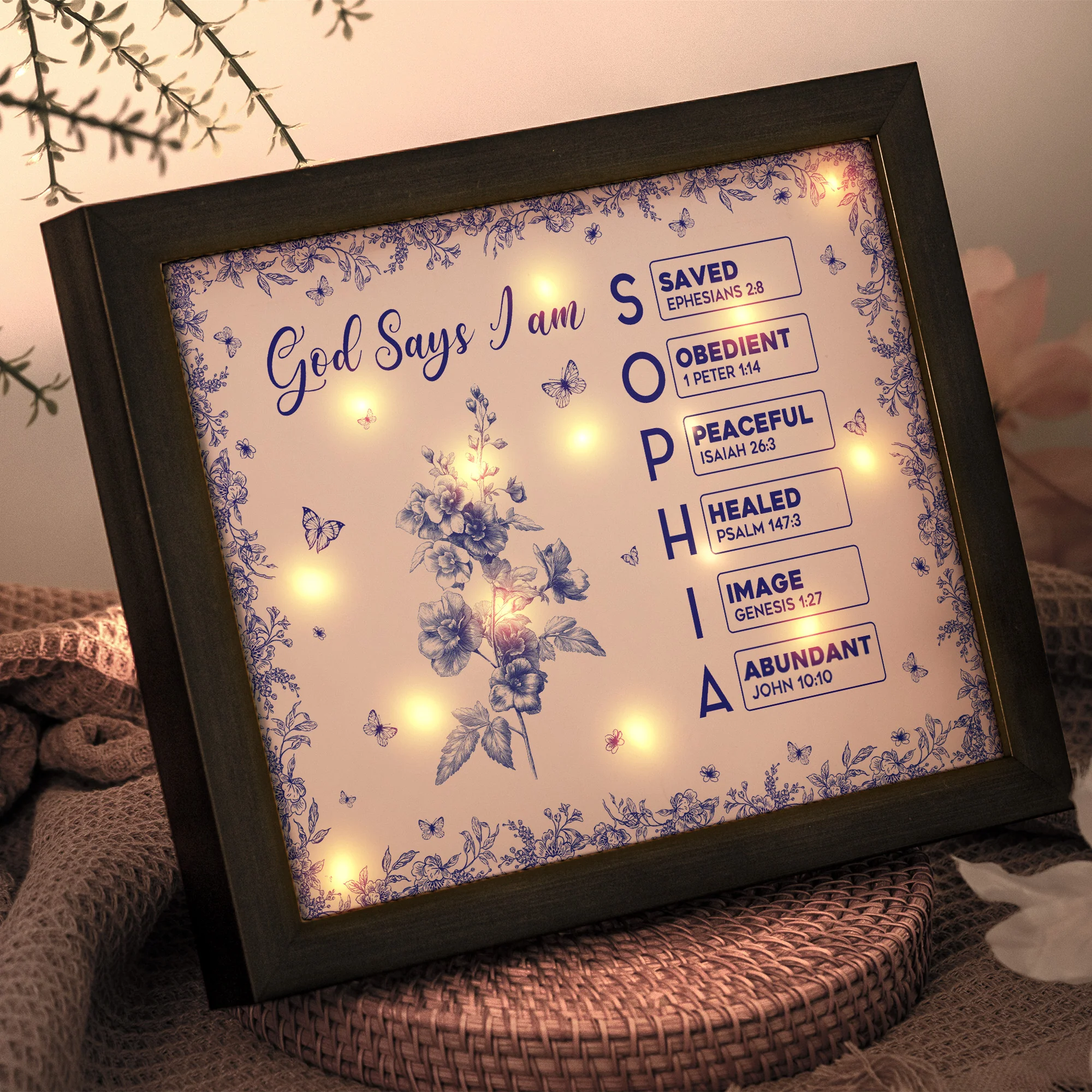 God Says I Am Name Letter In Bible Toile De Jouy Style - Personalized LED Shadow Box - Image 4