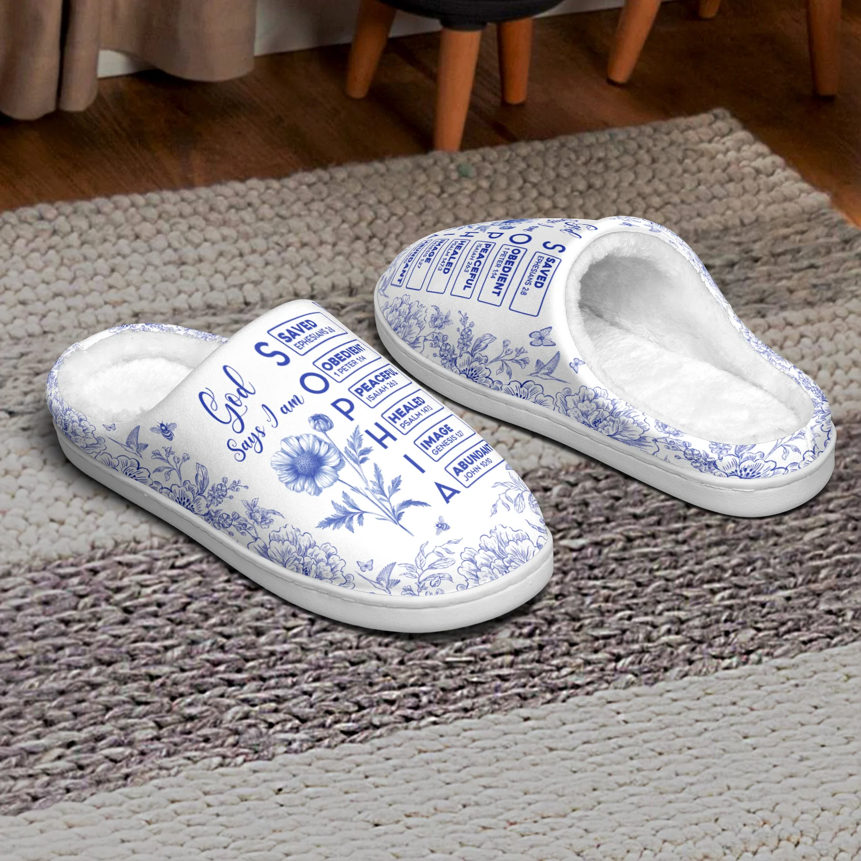 God Says I Am Name Letter In Bible Toile De Jouy Style - Personalized Slippers - Image 3
